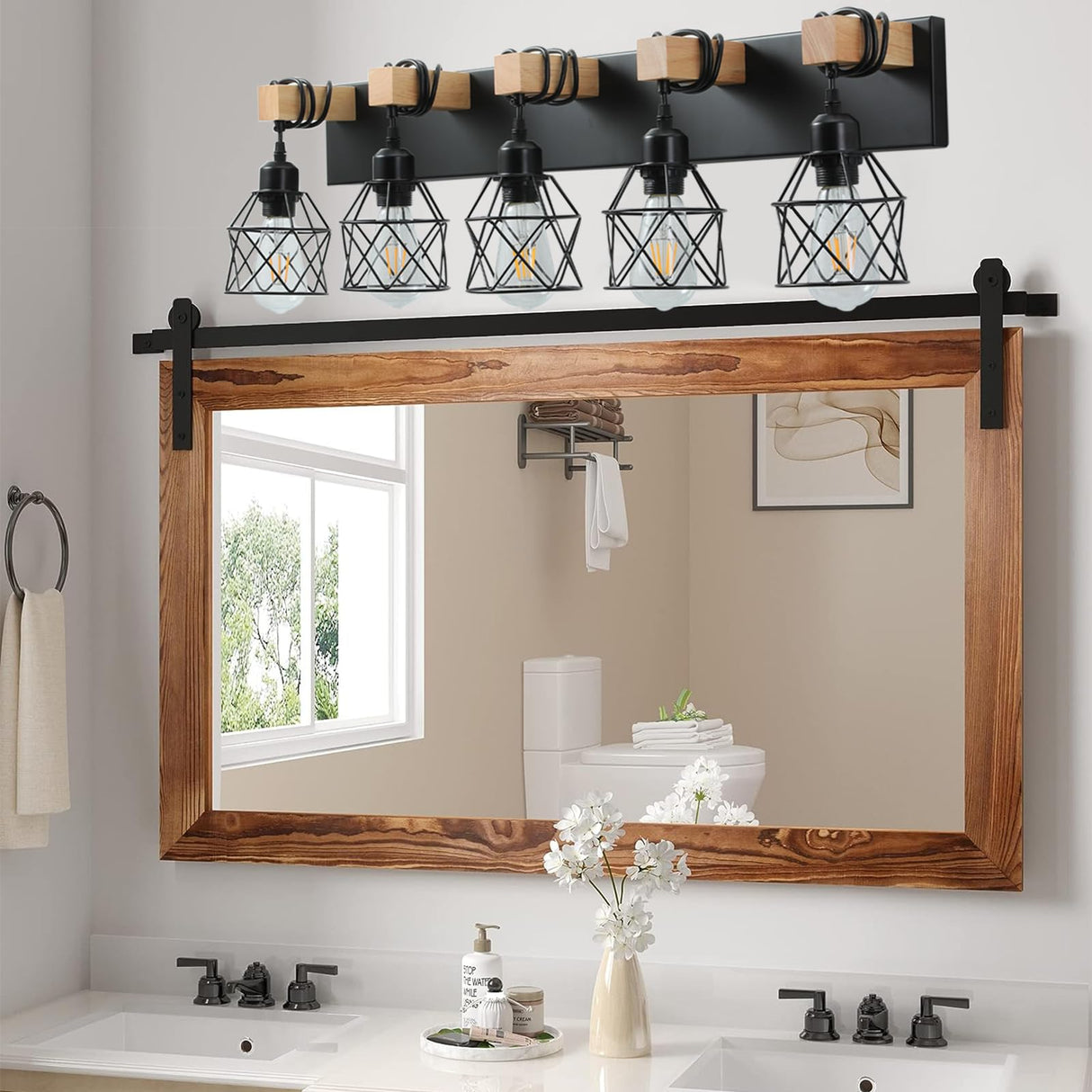 Farmhouse Vanity Light Fixture,5-Light Bathroom Lighting,Black Industrial Wood Wall Light Over Mirror with Metal Shade,LED Bulbs Included vivihobb