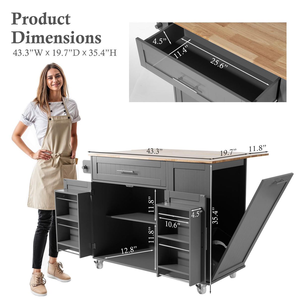 43.3" Rolling Kitchen Island Cart with Drop Leaf & Storage - Mobile Kitchen Organizer with Wheels, Rubberwood Top, Trash Bin Cabinet & Towel Rack, Farmhouse Style for Small Spaces Grey LotaTools