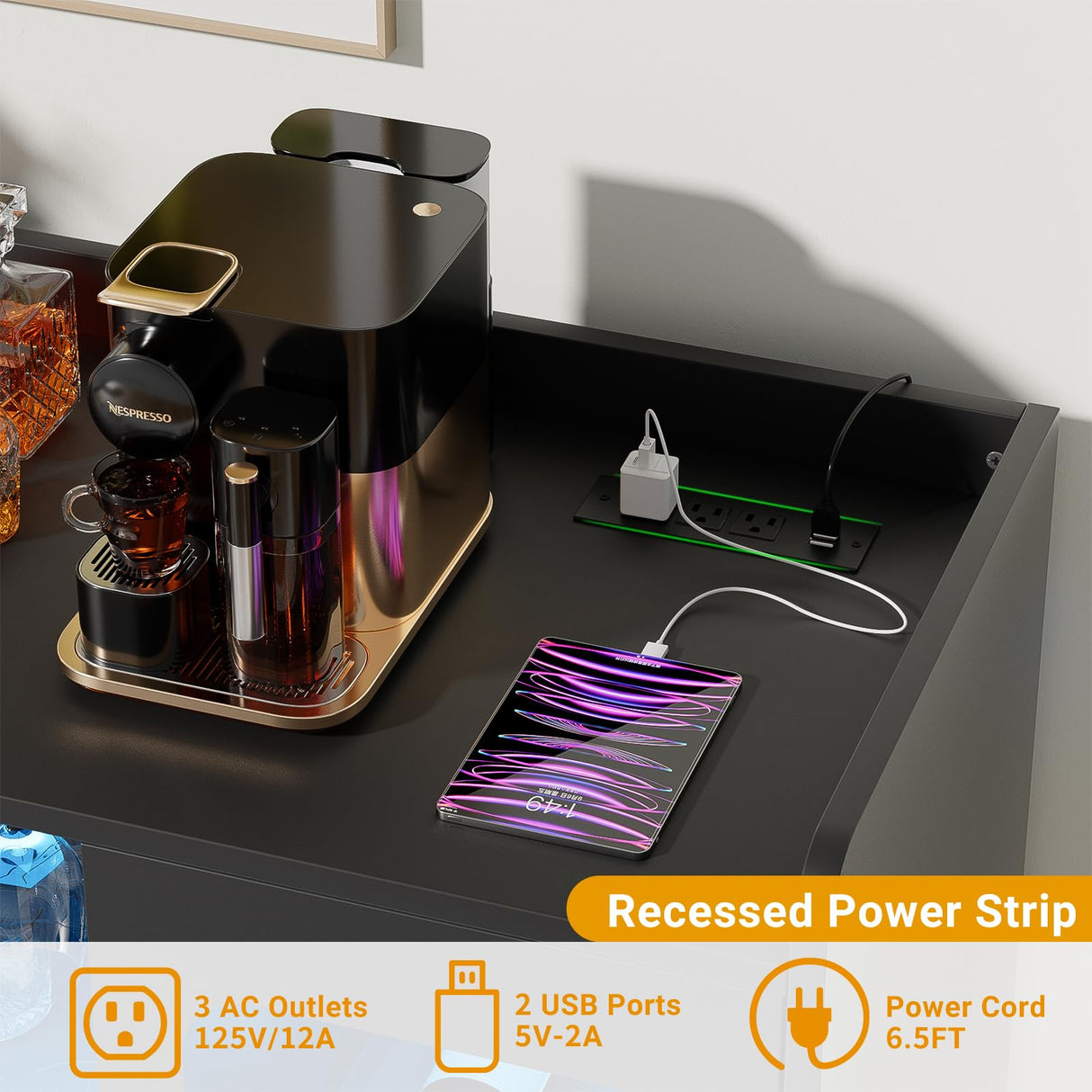 Hyomdeck Liquor Cabinet Bar with Power Outlet and LED Light, Wine Bar Cabinet with Wine and Glasses Rack, Home Coffee Bar Cabinet, Buffet Sideboard with Storage Shelf for Kitchen, Dining Room, Black Hyomdeck