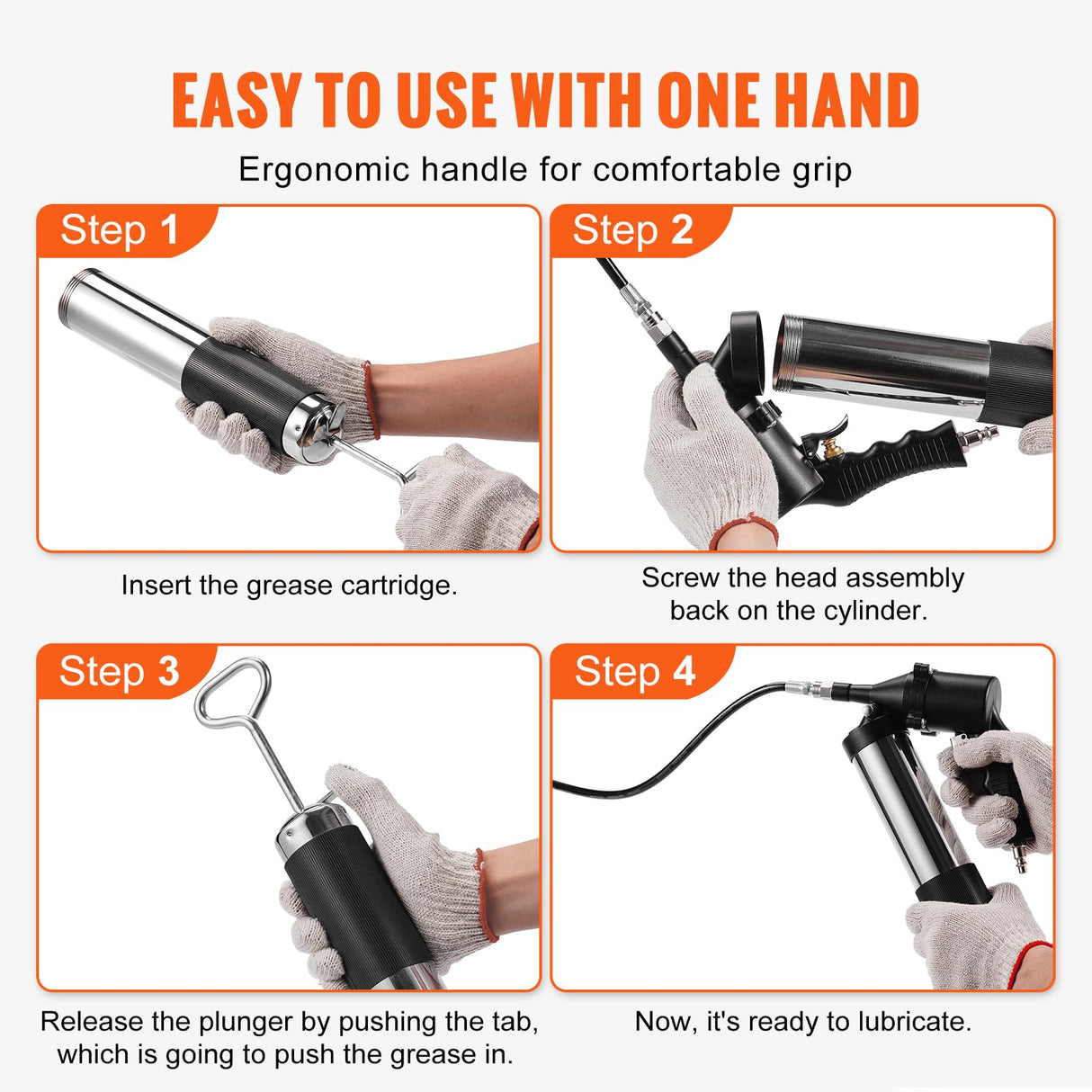 VEVOR Grease Gun, 6000PSI Air Operated Grease Gun, Heavy Duty Pneumatic Grease Gun with 14 oz Load, 18.5 Inch Flexible Hose, 1 Flat Coupler, 1 Pointed and Locking Clamp Coupler, 1 Bent Metal Pipe VEVOR