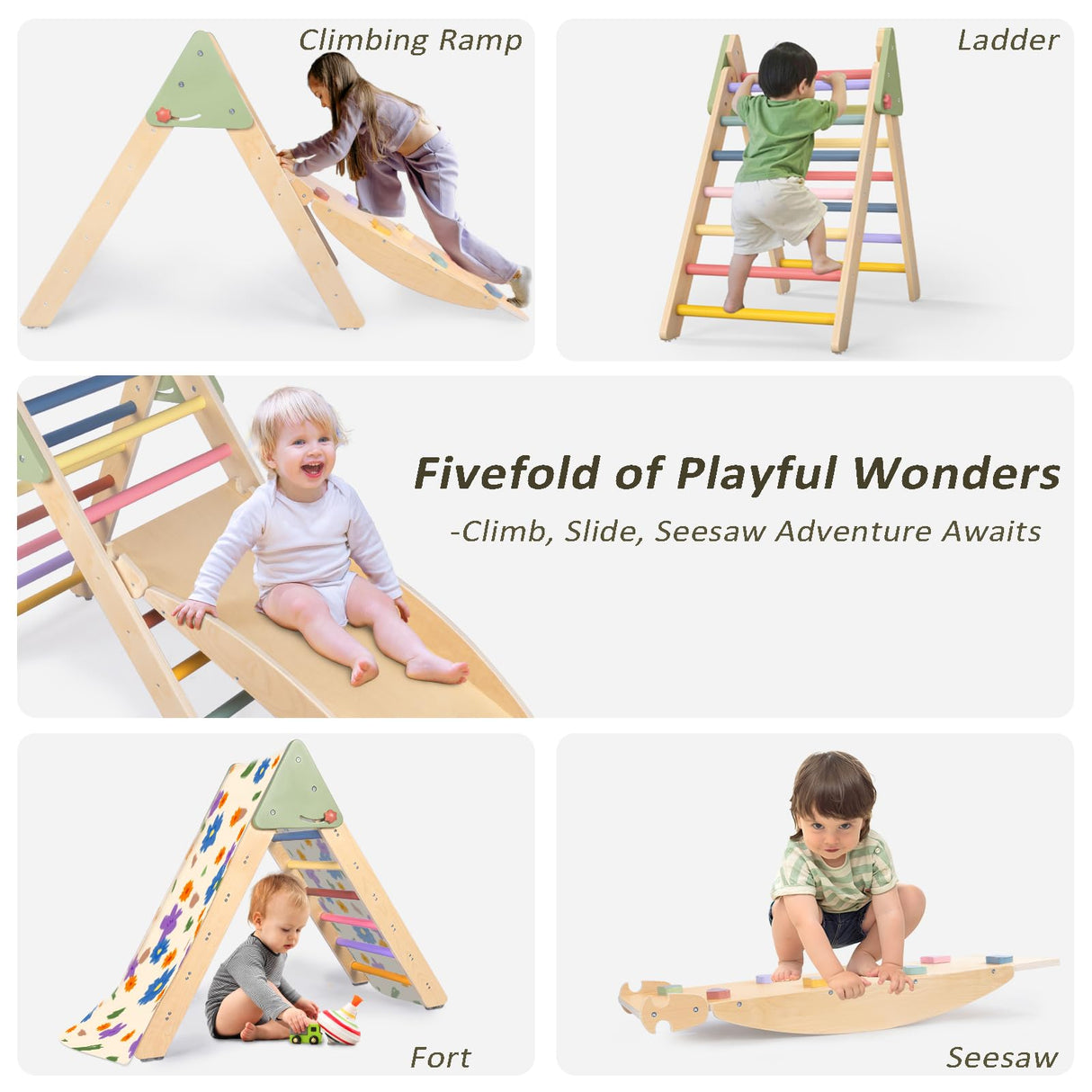 aiwo Pikler Triangle Set 5in1 Montessori Toddler Climbing Toys Indoor, Climbing Toys for Toddlers 1-3 Inside, Baby Climbing Gym Toddler Climber Indoor Playground aiwo