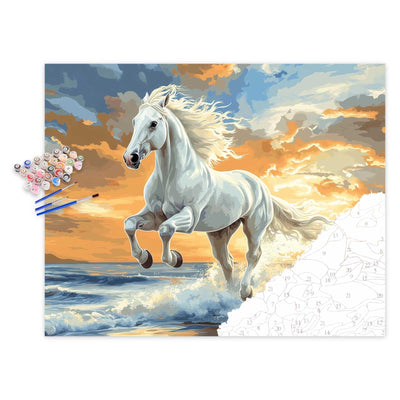 Horse Paint by Number, Running Horse Paint by Numbers for Adults, White Horses Canvas Wall Art, Animal Acrylic Painting, Beach Sunset Landscape Poster Home Wall Decor(16x20inch)
