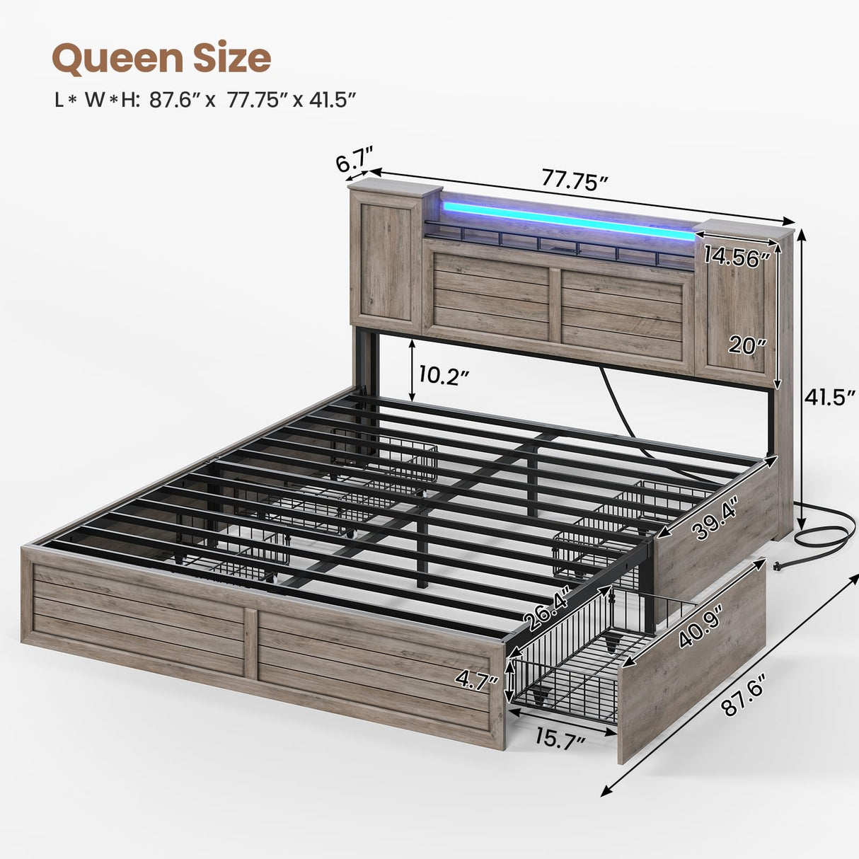 VIAGDO Farmhouse Queen Bed Frame with Headboard and Double Barn Door Storage Cabinets, Rustic Wooden Bed Frame Queen Size with Charging Station, 4 Drawers and LED Lights, No Box Spring Needed, Grey VIAGDO