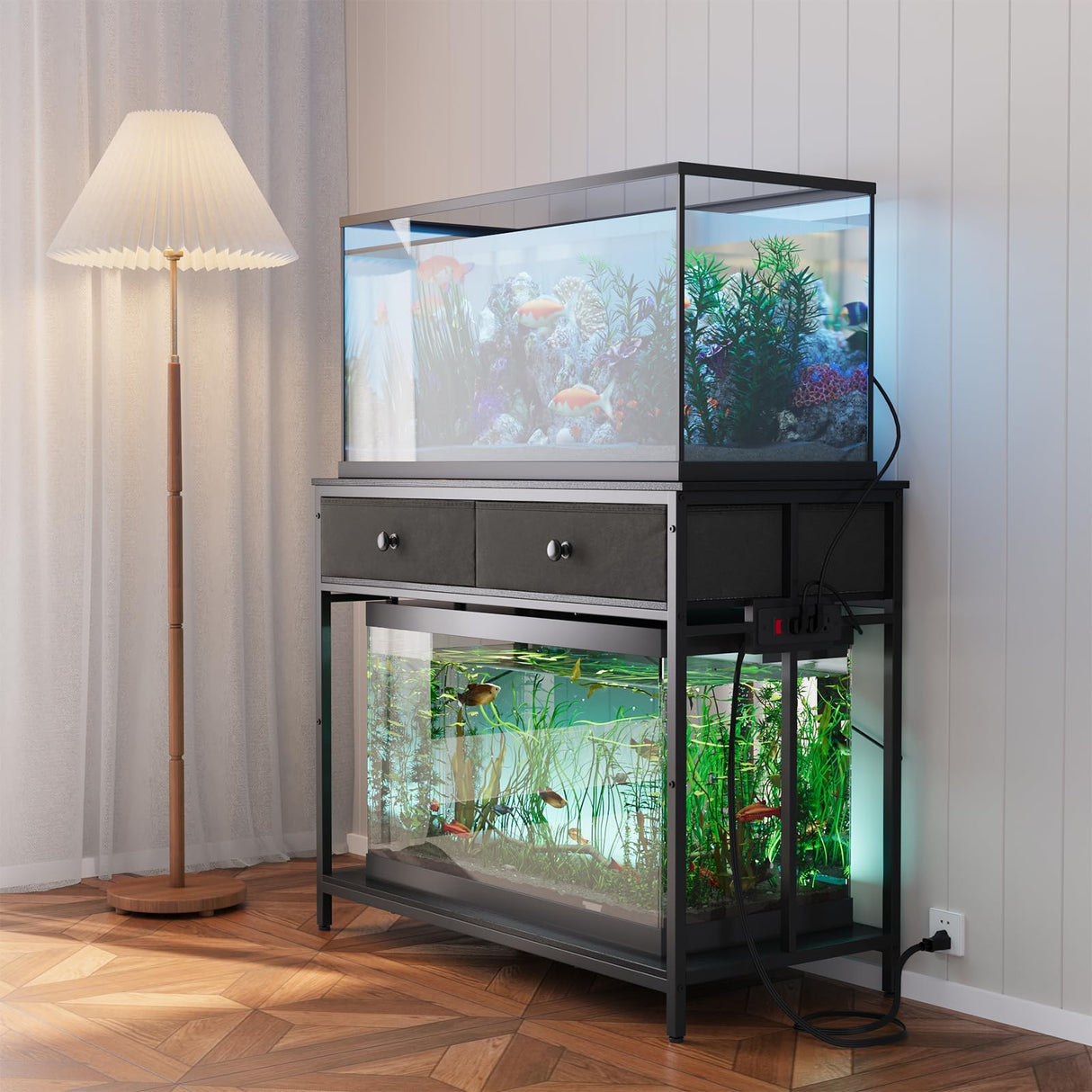VOWNER 40 Gallon Aquarium Stand with Power Outlet, Metal Frame Fish Tank Stand with Cabinet Storage, Double Turtle Reptile Terrariums Tank Stand, 39.4" L*18.9" W Tabletop, 660LBS Capacity, Black VOWNER