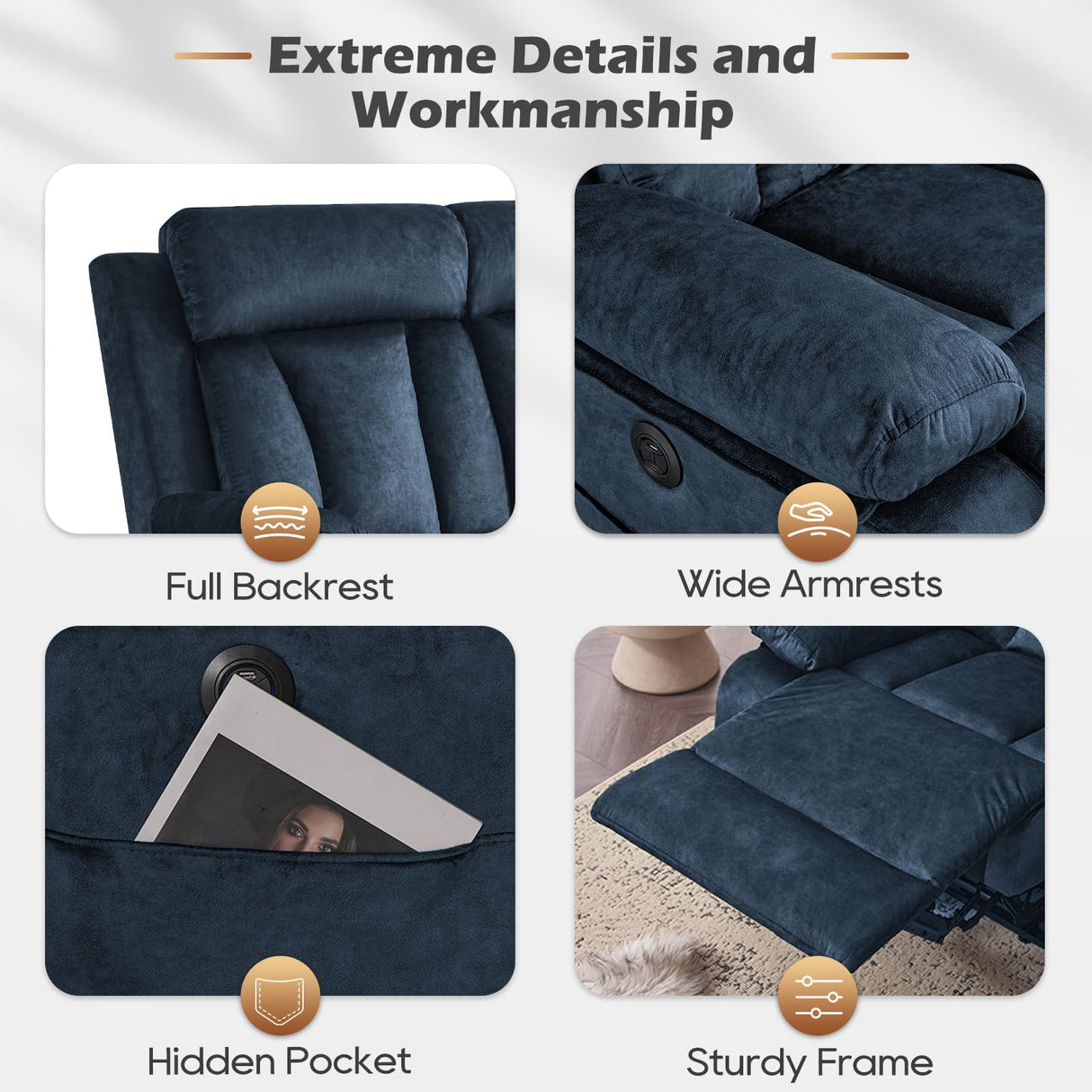 Consofa Power Reclining Sofa with Heat and Massage, Electric Reclining Couch with Drop Down Table,Cup Holders, Dual Ports, Wall Hugger Recliner Sofa for Living Room,Home Theater (Blue, Sofa) Consofa