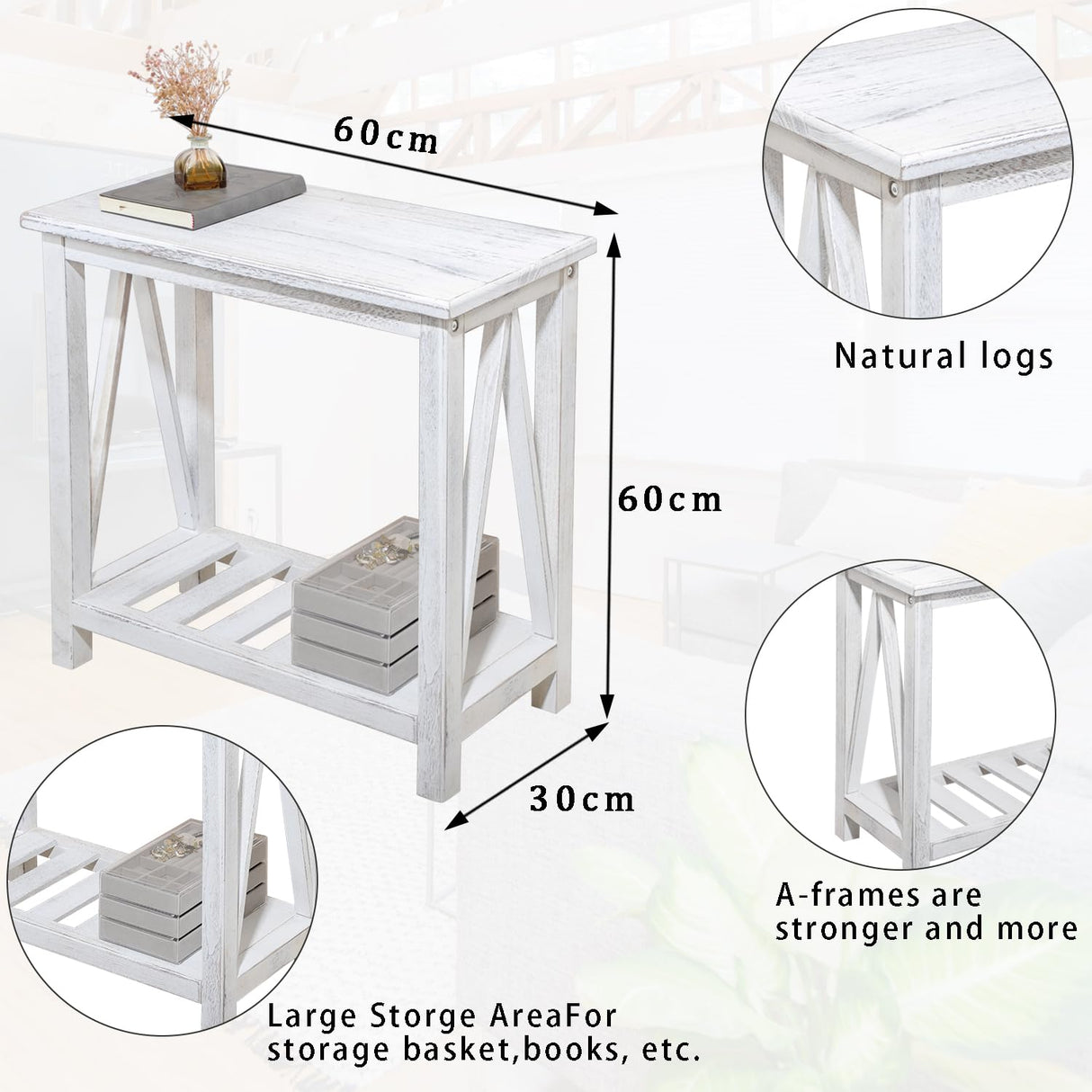 FEUFOAM Narrow End Table Wood Rustic Farmhouse Side Tables with Storage Shelves Narrow Sofa Table for Small Spaces Living Room Bedroom Bathroom Dorm Rustic White FEUFOAM