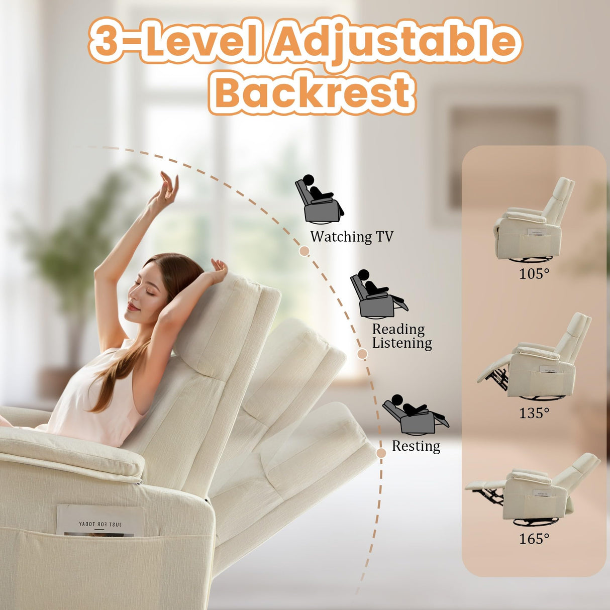 Korser Recliner Chairs, Swivel Rocking Recliner Chair for Adults, Glider Rocking Chair, Small Nursery Recliner for Living Room, Reclining with Modern-Designed Armrests, Chenille, Beige Korser