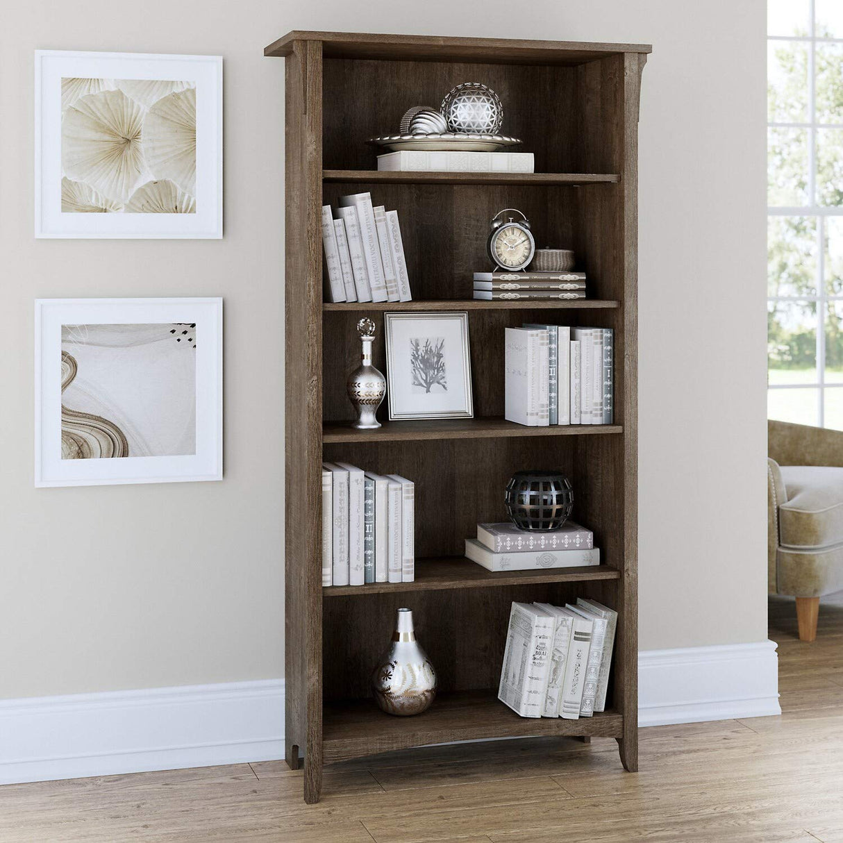 Bush Furniture Salinas 5 Shelf Bookcase in Ash Brown, Tall Bookshelf, Large Book Shelf for Living Room, Home Office, or Entryway Bush Furniture