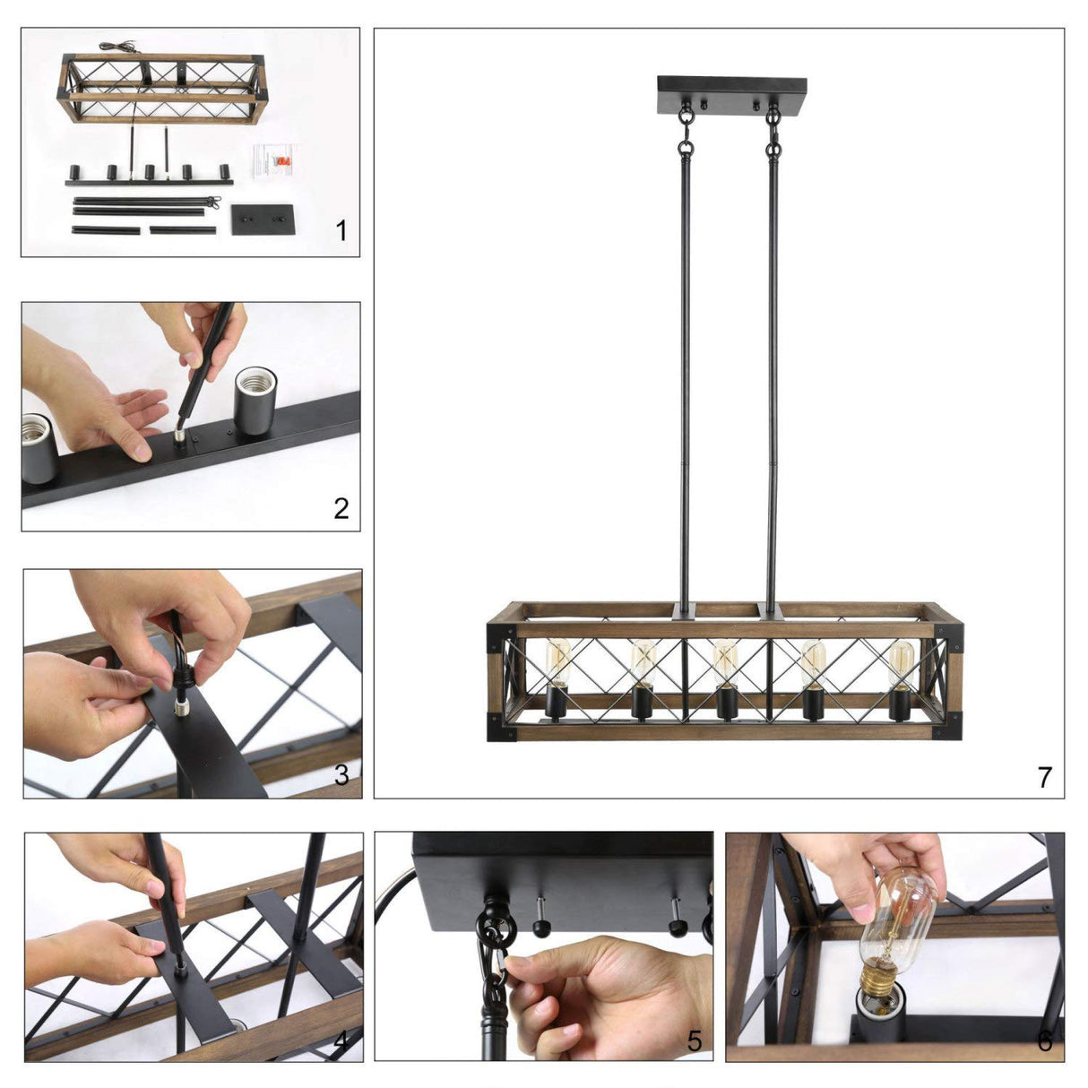 Farmhouse Chandelier for Dining Room, 5-Light Rectangular Chandelier, Wood Kitchen Island Lighting, 31.5'' L RUZINIU