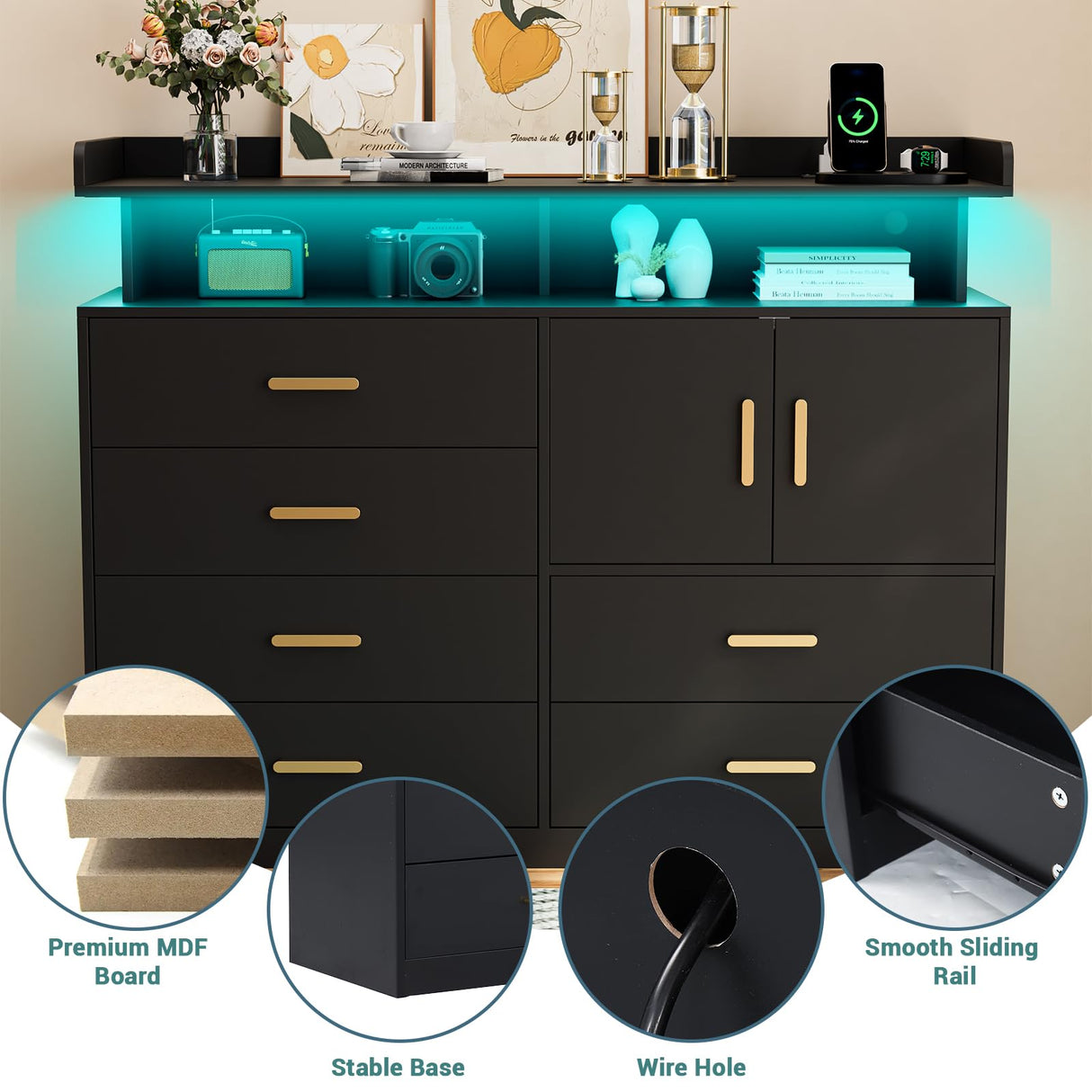 Yeyawomy Black 6 Drawer Dresser with Charging Station & Led Light for Bedroom, Accent Chests of Drawers with Large Cabinet, Modern Storage Dresser with 2 Layer Shelves for Bedroom,Hallway Yeyawomy