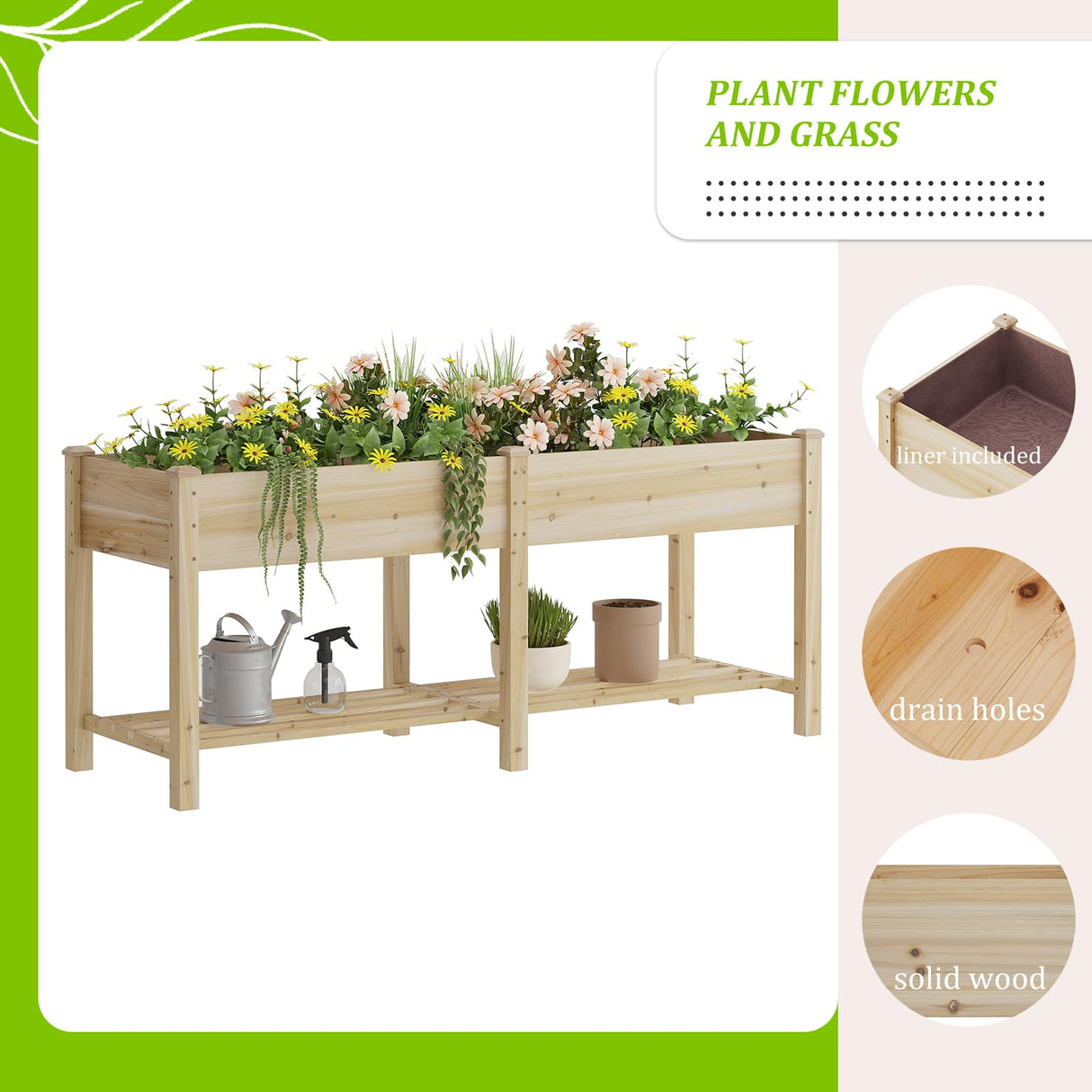 Raised Garden Bed, Planter Box with Storage Shelf, Elevated Wooden Planter Box with Legs, Garden Planter for Backyard, Patio, Balcony, Natural Wood (Natural, L) Dawnyard