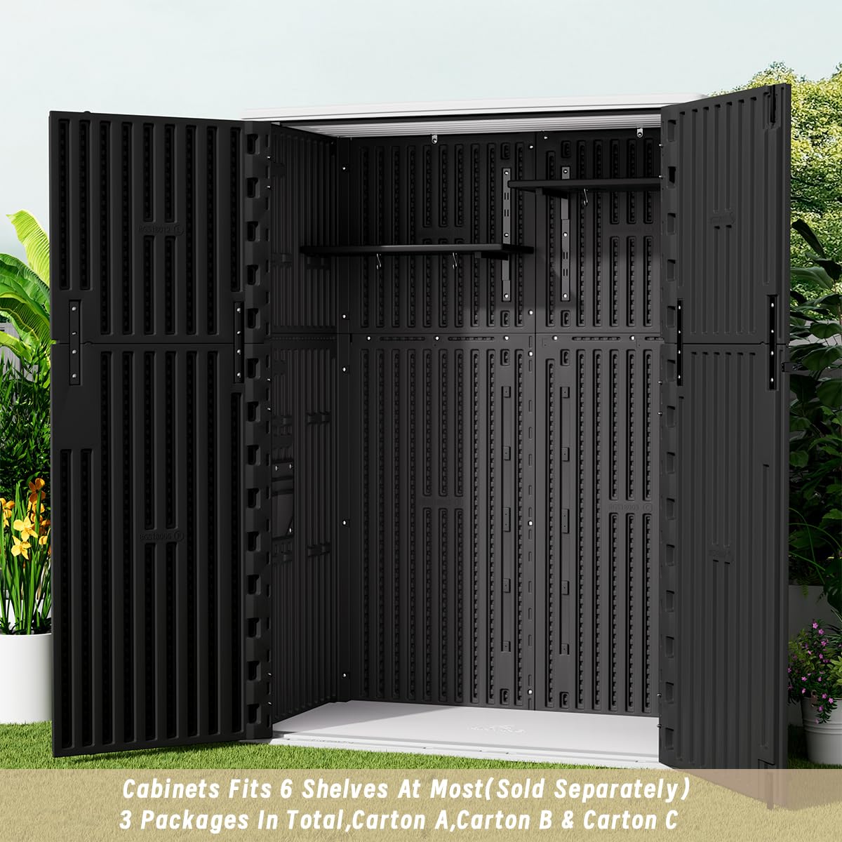 KINYING Outdoor Vertical Storage Shed,57 Cu.ft Outdoor Storage Cabinet Waterproof,Resin Sheds & Outdoor Storage Clearance for Garden,Patio,Backyard,Lockable (Black) KINYING