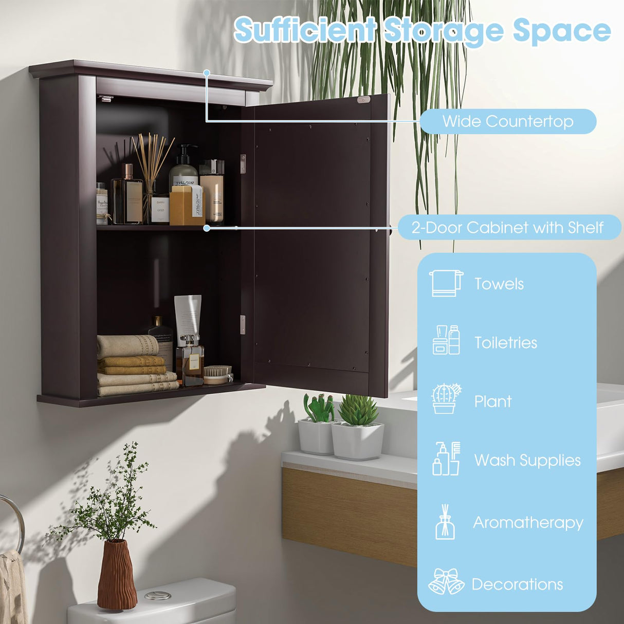 Safeplus Brown Medicine Cabinet with Mirror, Wall Mounted Adjustable Storage for Bathroom, Living Room, Bedroom, Entryway and Kitchen Safeplus