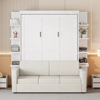 Virubi Queen Murphy Bed with Couch and Storage Shelves,Wood Murphy Bed Cabinet with Storage Shelves and Sofa,Folding Murphy Wall Bed Queen Size (White)