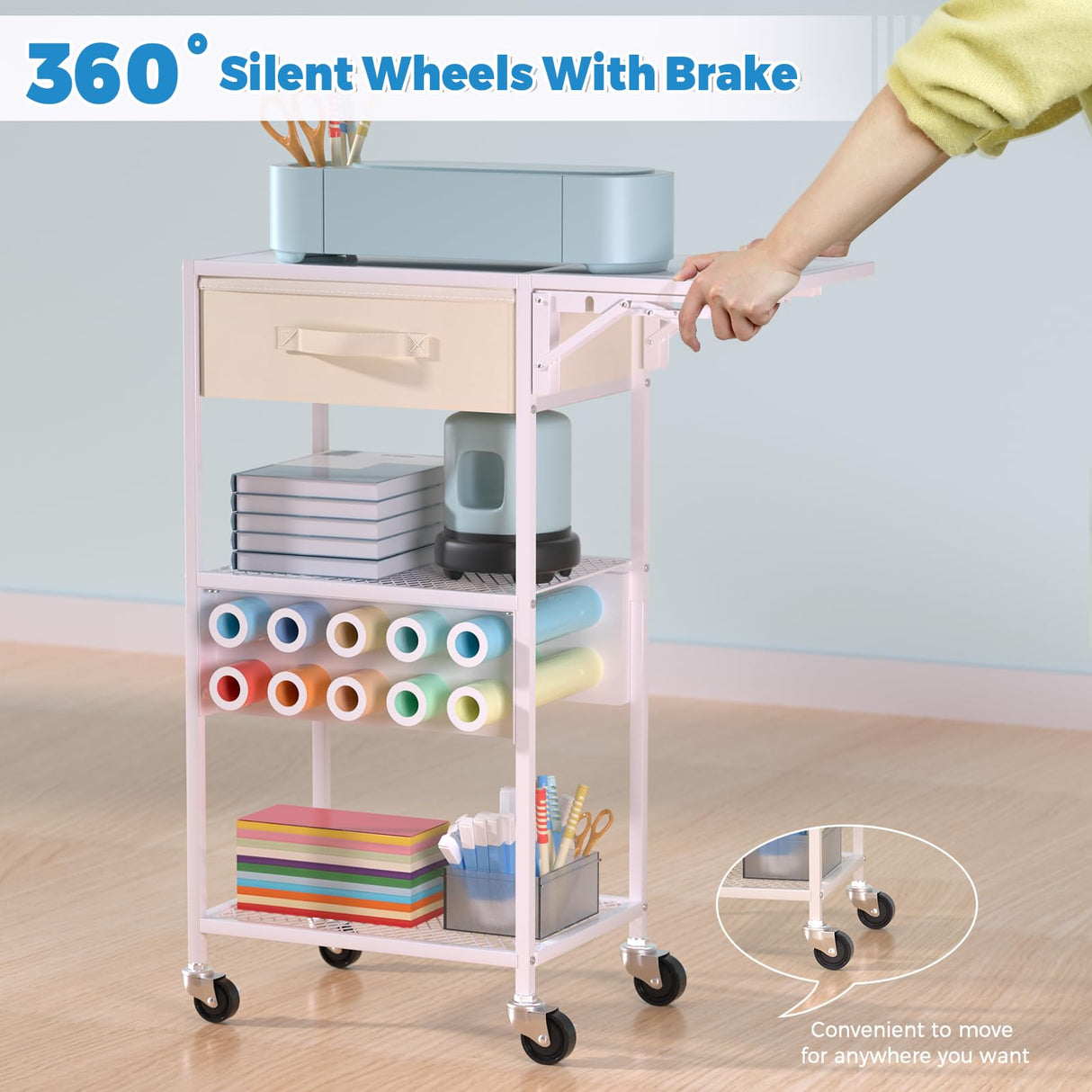 Craft Cart and Organizer Table Compatible with Craft Cutting Machine - Rolling Storage Organizer with Drawer & Vinyl Roll Holder, Crafting Table Workstation Holder for Craft Room Home Office (White) Jolensoy