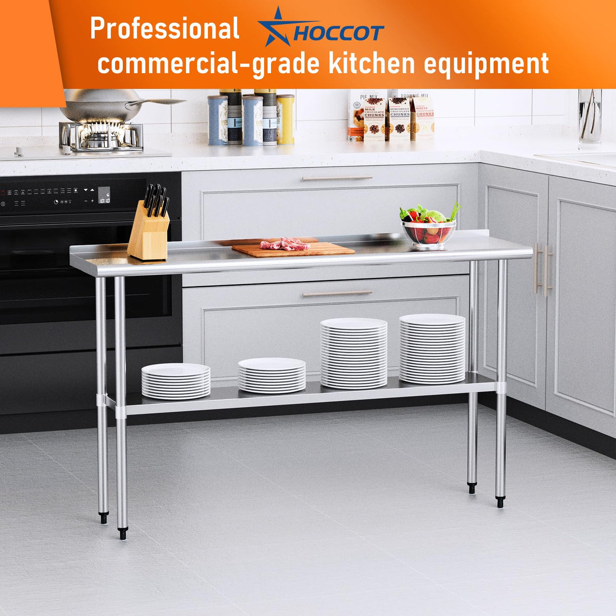 HOCCOT Stainless Steel Table for Prep & Work 14" X 60" inches with Adjustable Shelf and Backsplash, Commercial Workstations, Utility Table in Kitchen Garage Laundry Room Outdoor BBQ HOCCOT