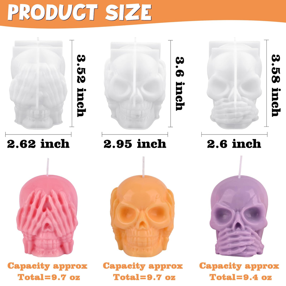 HUAKENER 3 Pack Skull Candle Molds, 3D Skull Resin Molds, Hear-no, Speak-no, See-no Skull Silicone Molds for Candle, Epoxy Resin, Soap, Halloween Cake Decor HUAKENER
