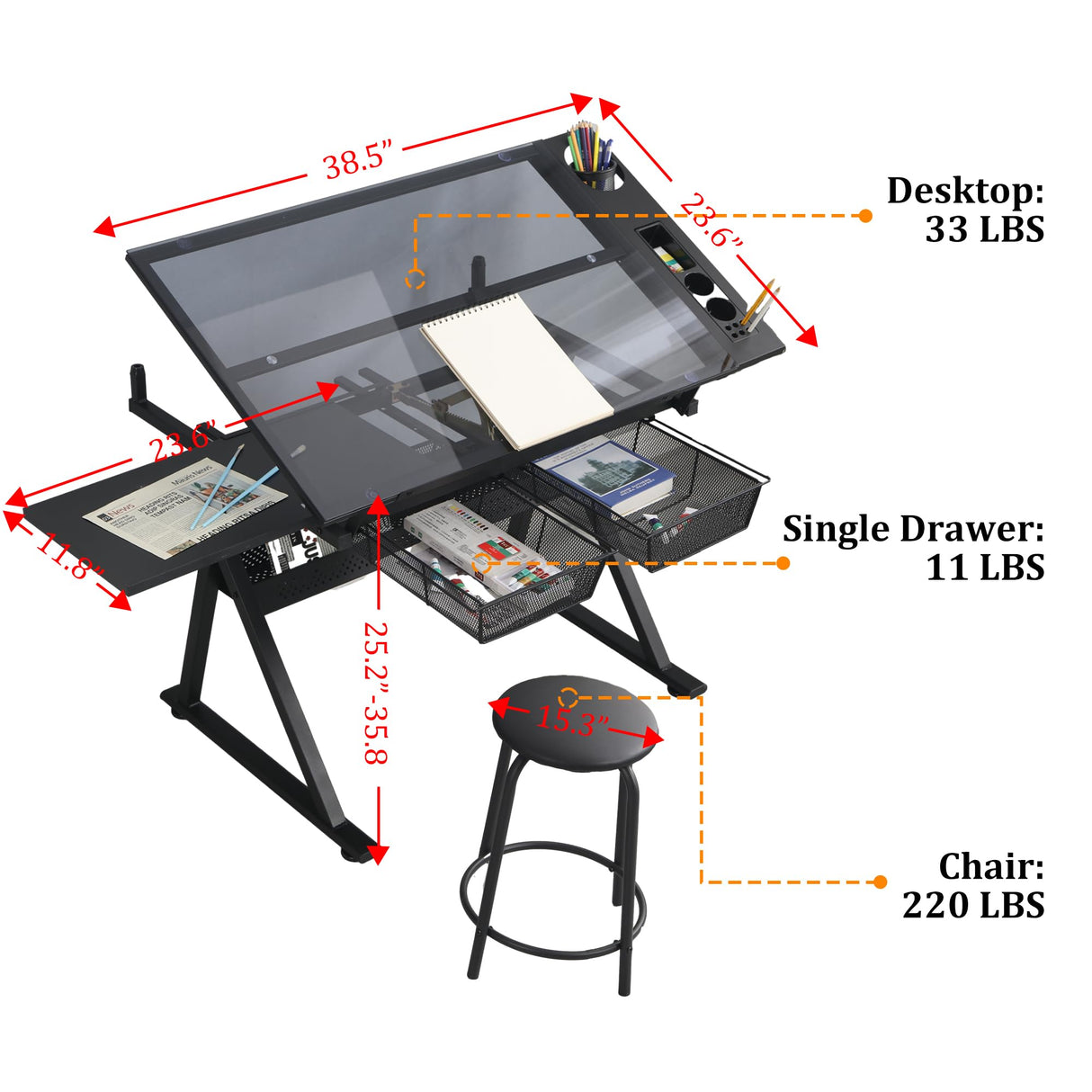 Olela Drafting Desk, Height Adjustable Drafting Table Versatile Art Craft Artists Paintings Storage Work Station with Tilting Temped Glasses Tabletop and Stool (Drawing Table - 1) Olela