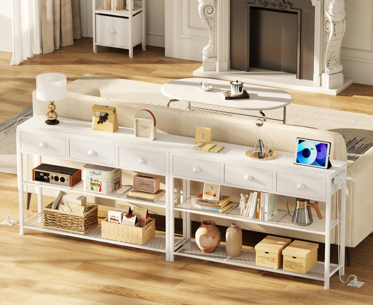 Furologee White Console Table with Charging Station & 3 Fabric Drawers, 38'' Entryway Table with Storage Shelves and LED Light, Industrial Foyer Table for Entry Way, Display Shelf for Hallway Furologee