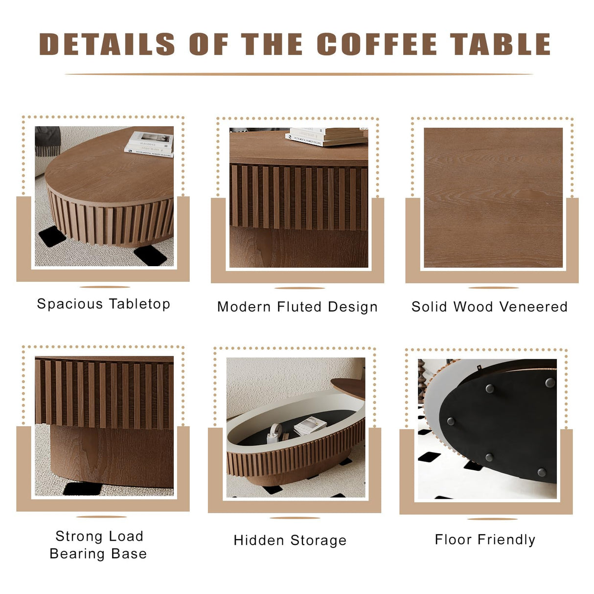 FGXJY Oval Coffee Table with Storage, Modern Walnut Coffee Table with Solid Wood Veneered, Fluted Center Table Wood Drum Tea Table for Living Room Apartment, 47.2''L×23.6''W×14.2''H FGXJY