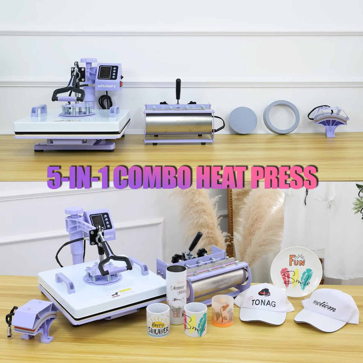 Whubefy 15x15 Heat Press Machine for T Shirts 5 in 1 Combo with 30oz Tumbler Press, Slide Out & Swing Away, Dual Tube Fast Heating, 3 Preset Modes & Counting Function for Bulk DIY Hats, Mugs, Plates Whubefy