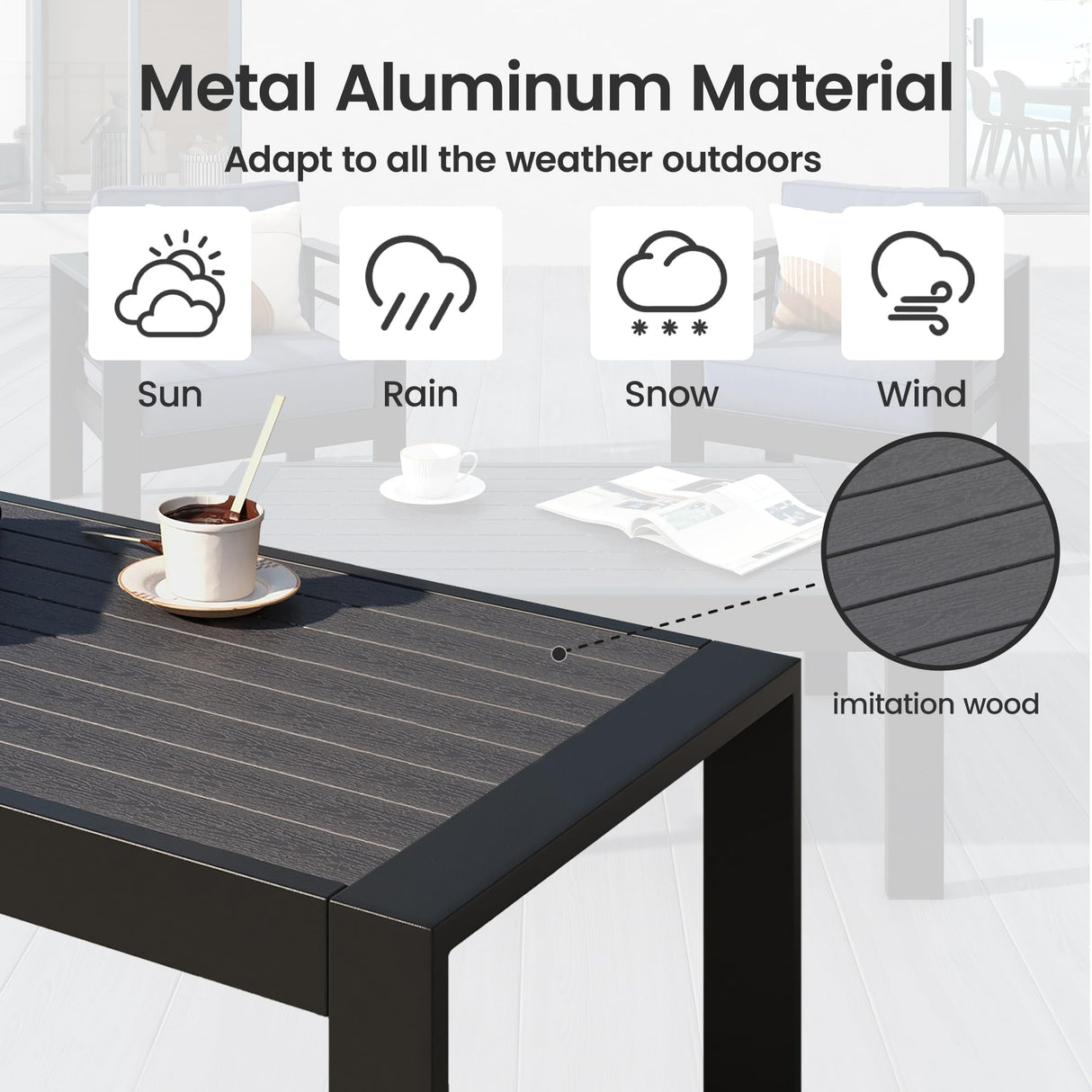 All-Weather Aluminum Outdoor Coffee Table, Modern Coffee Table for Outside, Rectangle Patio Coffee Table for Balcony Garden, Black Kiss the Water