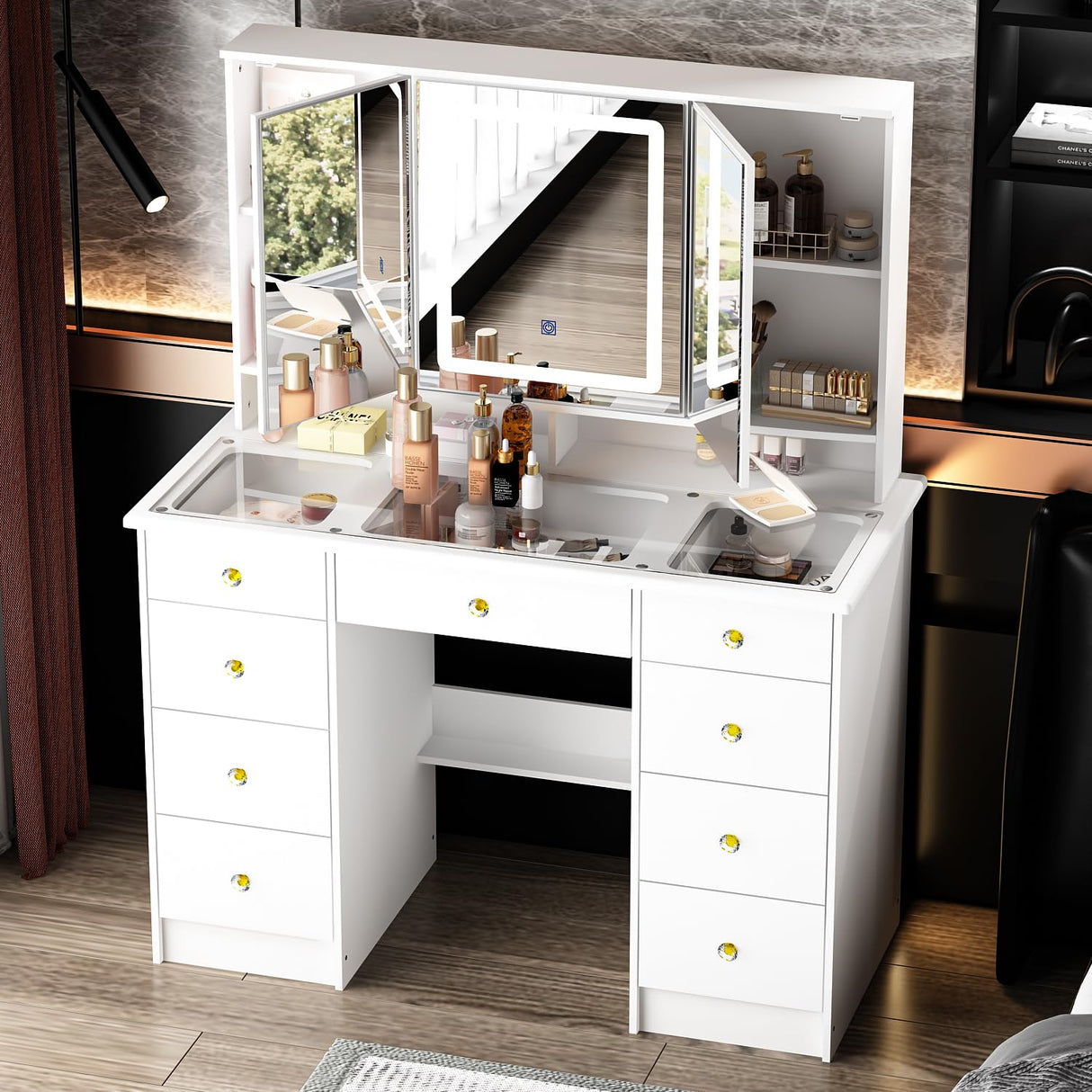 Homsee Makeup Vanity Desk with 3 Mirrors, Glass Top, Lights & Hidden Storage, Modern Dressing Table Vanity Table with Drawers, Lighting Modes & Brightness Adjustable, White Homsee