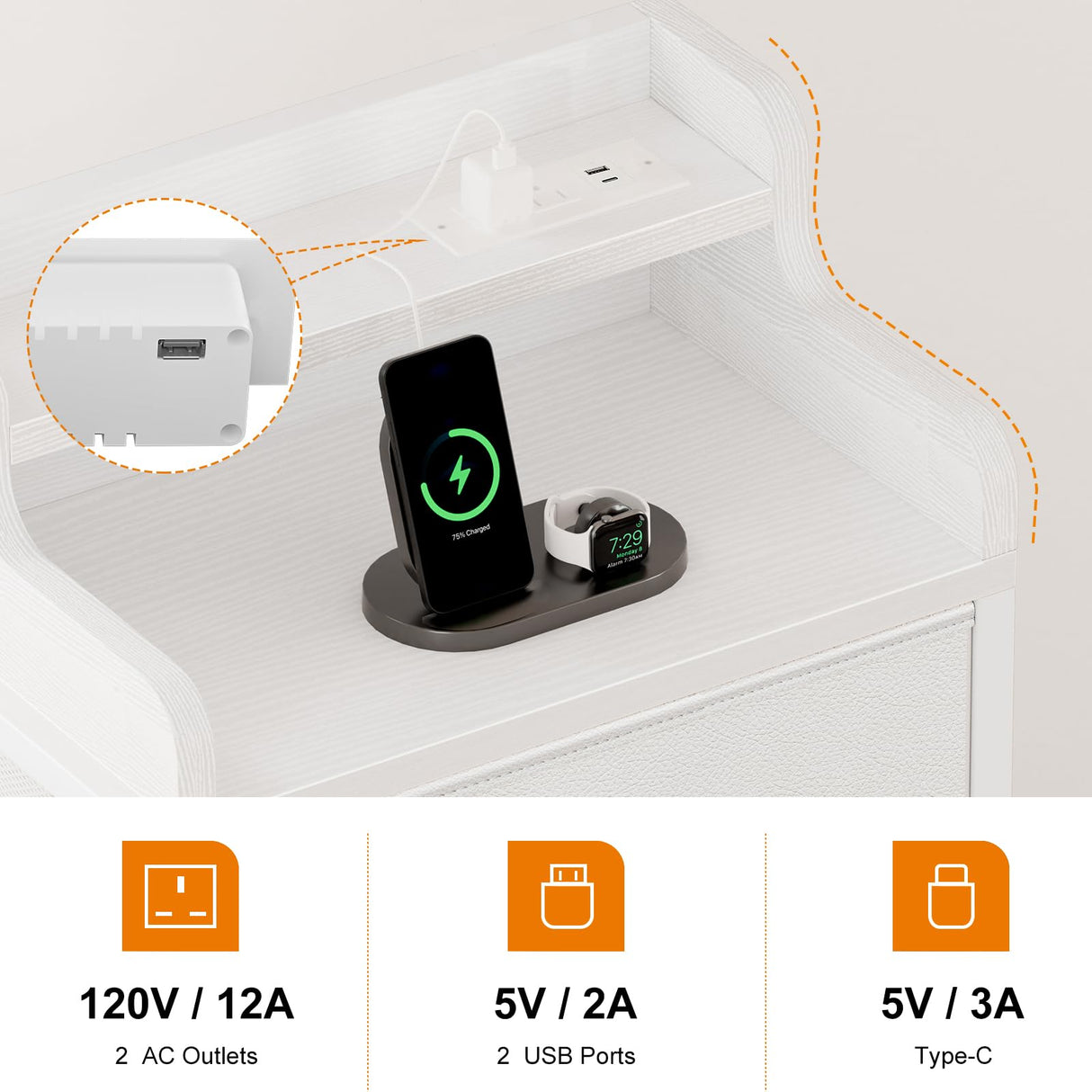 REAHOME Nightstand with Charging Station and LED Light, Tall White Night Stand with 4 Drawers and 2-Tier Shelf, Bedside Table with Sturdy Steel Frame Wood Top for Bedroom, Living Room - White REAHOME