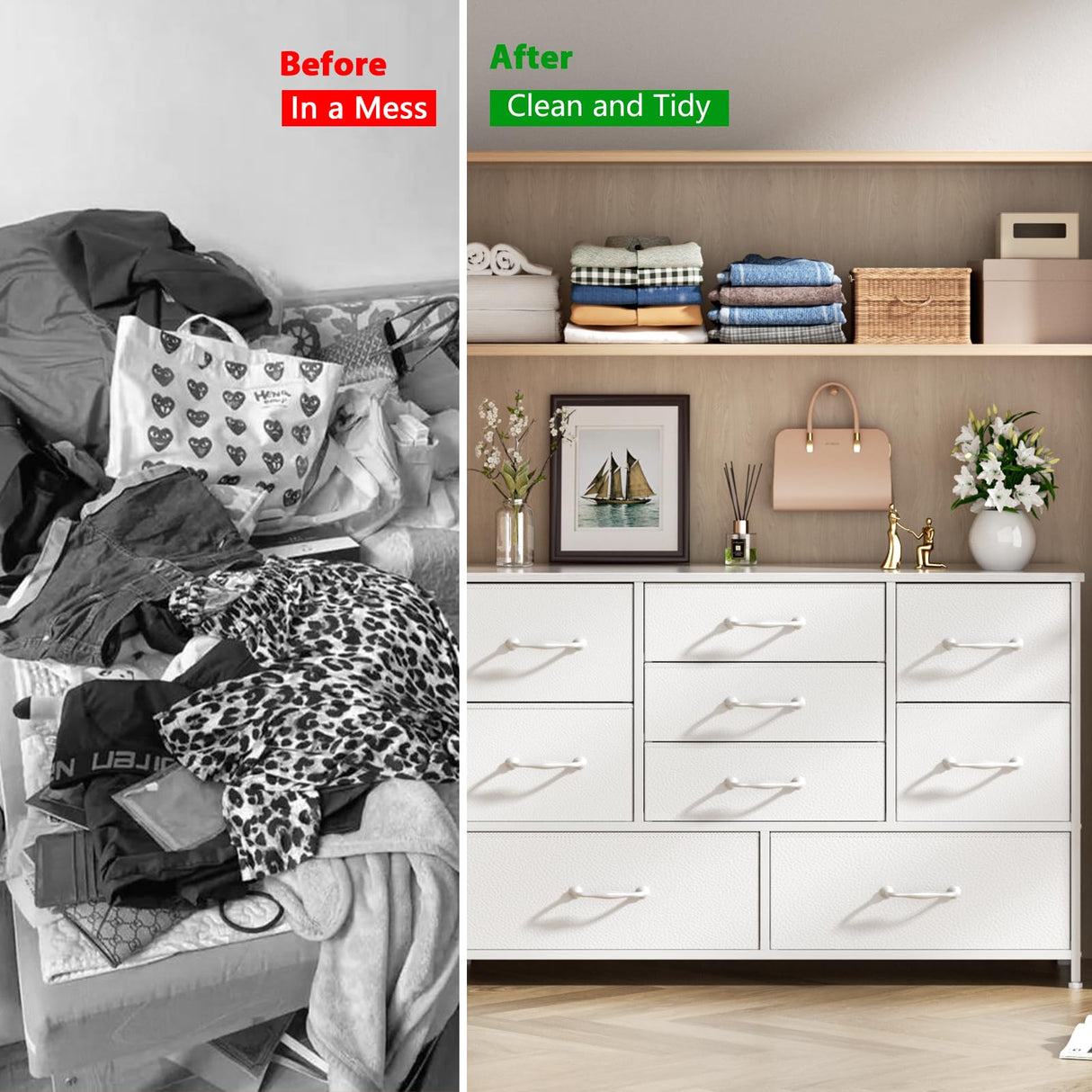 Furnulem White Dresser with 9 Large Drawers for 55'' Long TV Stand Entertainment Center, Wide Wood Shelf Storage for Bedroom,Living Room,Closet,Entryway,Sturdy Metal Frame Furnulem