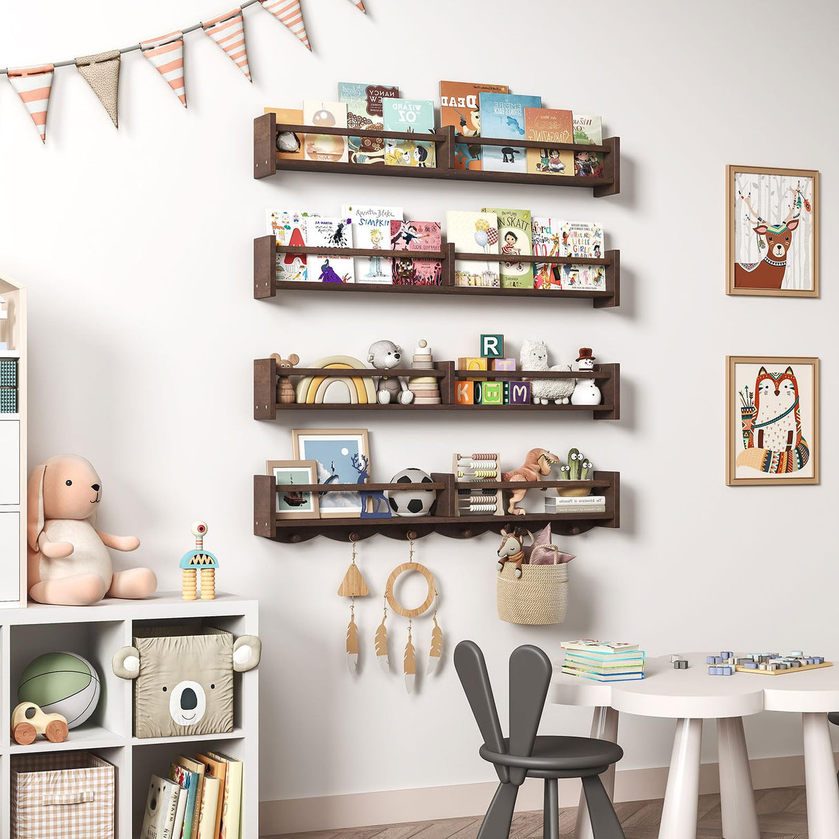 ECOOCE 34Inch Nursery Bookshelves,Set of 4,Wall Floating Shelf Kids Coat Rack with 6Hooks,Hanging Book Shelf for Baby Nursery Room Décor (Dark Brown, 34) ECOOCE