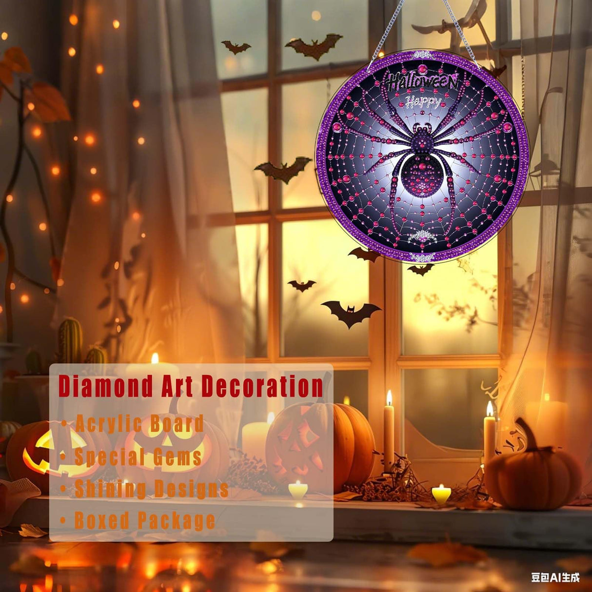 Halloween Diamond Art Painting Kit, Hanging Double Sided Diamond Art Suncatchers, Horror Diamond Art Painting Crafts Gift, DIY 3D Special Gem Diamond Dot Kit for Adults, Box Package (Purple-Spider) TSRUVYL