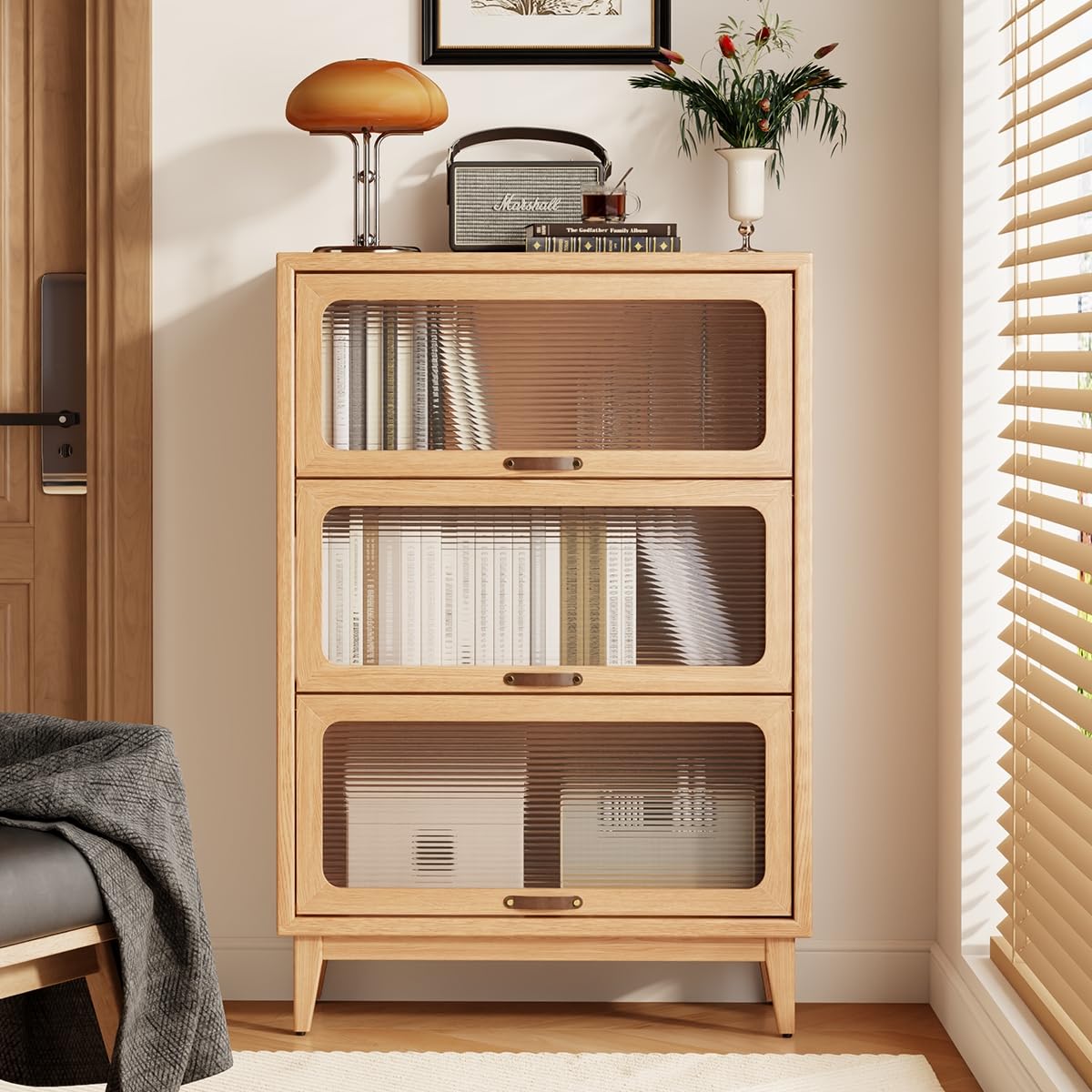 AQIMUELE Solid Wood Bookcase with Glass Doors, 3 Shelf Bookshelves and Bookcases, Mid Century Modern Bookshelf with Glass Doors, Kitchen Pantry Cabinet (Natural, 31.5" W) AQIMUELE