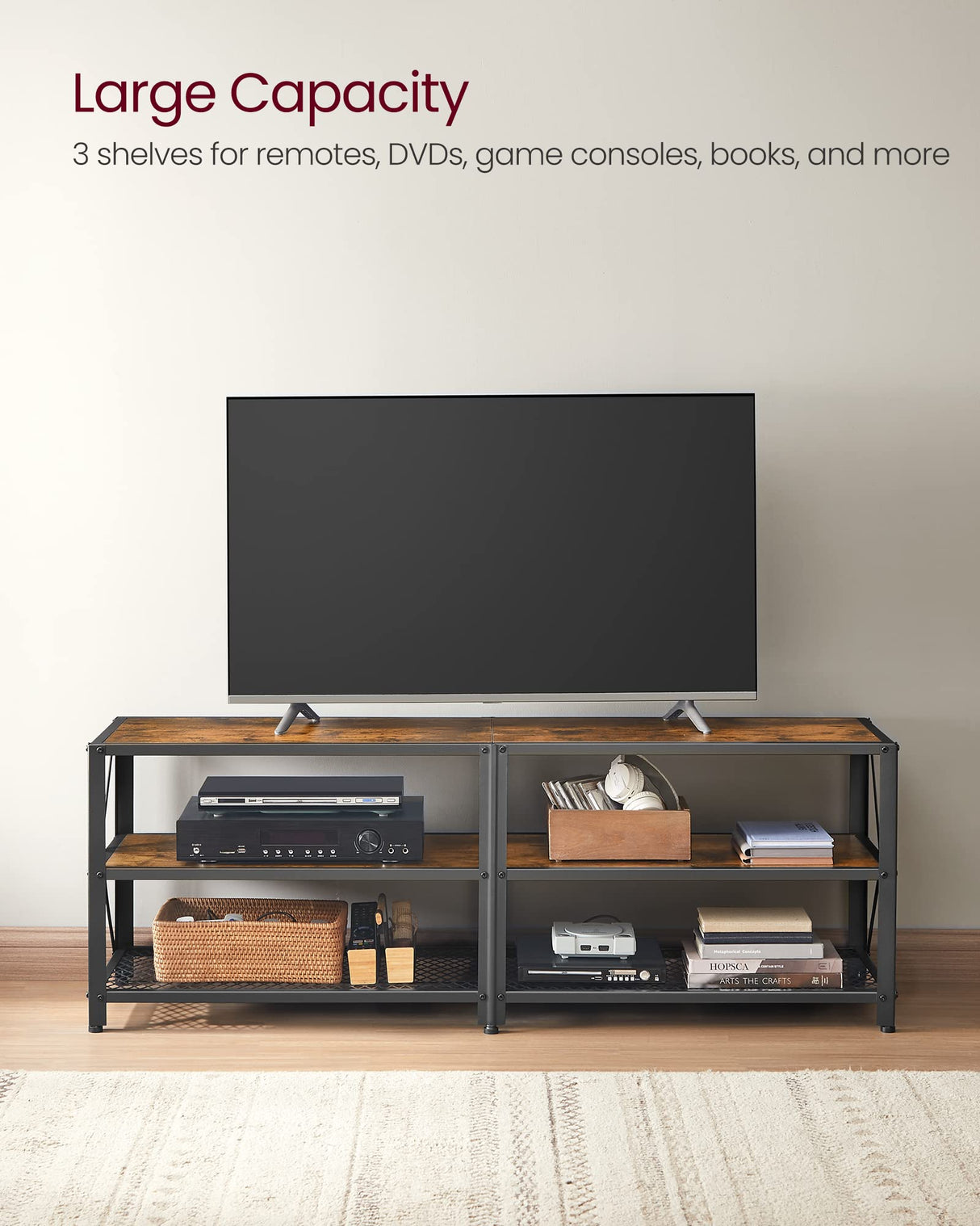 VASAGLE TV Stand, TV Console for TVs Up to 65 Inches, TV Table, 55.1 Inches Width, TV Cabinet with Storage Shelves, Steel Frame, for Living Room, Bedroom, Rustic Brown and Black ULTV094B01 VASAGLE