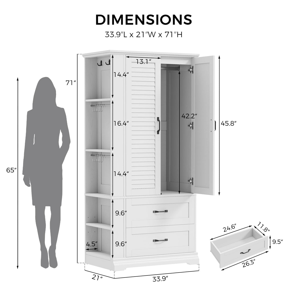 IRONCK Armoire Wardrobe Closet, 70.87" H Wooden Bedroom Armoire with 2 Louvered Doors, 2 Drawers and Shelves, Large Freestanding Clothing Storage Cabinet, White IRONCK