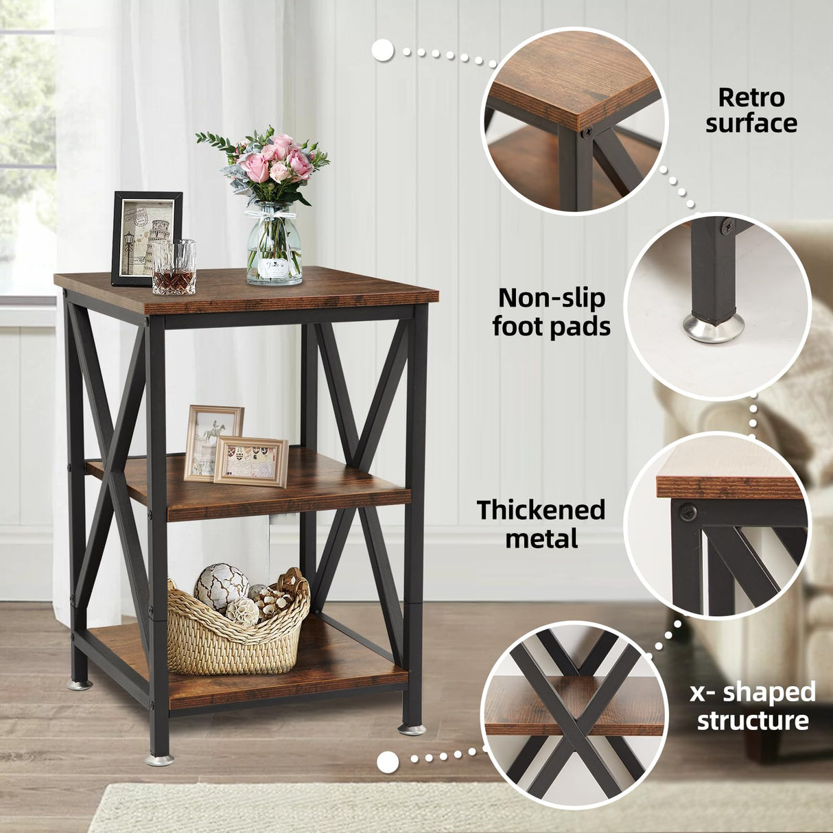 End Tables Living Room Set of 2 Farmhouse, Side Table with Storage Shelf, 16" W x 12" D x 24" H, 3 Tier Side Table Set of 2, X-Shaped Night Stands Set of 2 for Bedrooms, Coffee Table Set of 2 TooCust