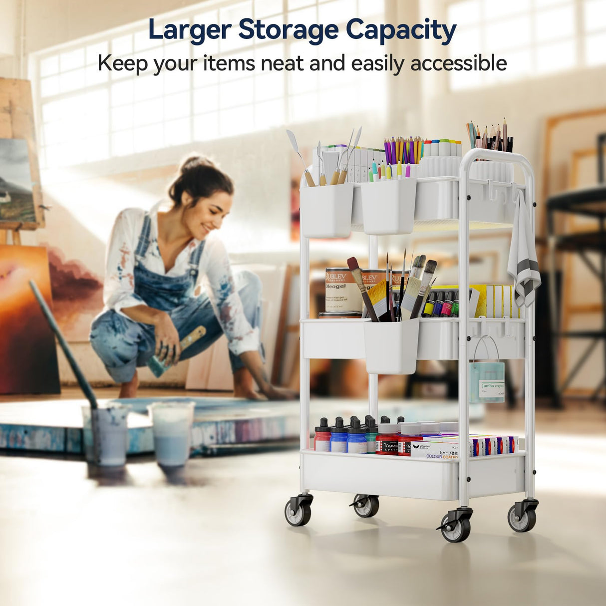 YASONIC Metal 3 Tier Rolling Cart - Heavy Duty Utility Cart with Lockable Wheels, Hanging Cups, Hooks, Mesh Rolling Storage Cart Craft Cart Organizer, Lightweight and Sturdy, White YASONIC