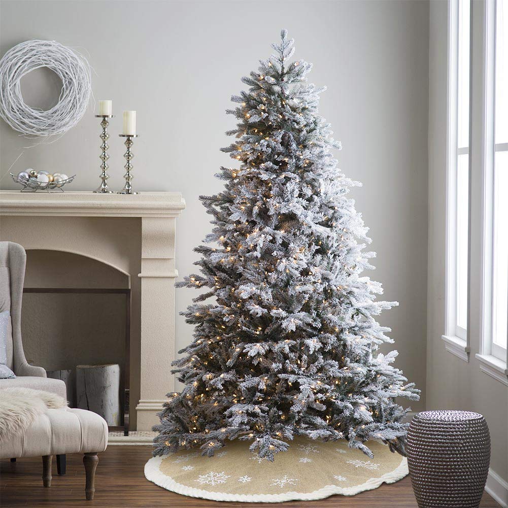 AerWo 48inch Christmas Tree Skirt with White Snowflake, Burlap Tree Skirt with Fur Sides Farmhouse Christmas Tree Skirts for Xmas Decor Festive Holiday Decorations Indoor Outdoor AerWo