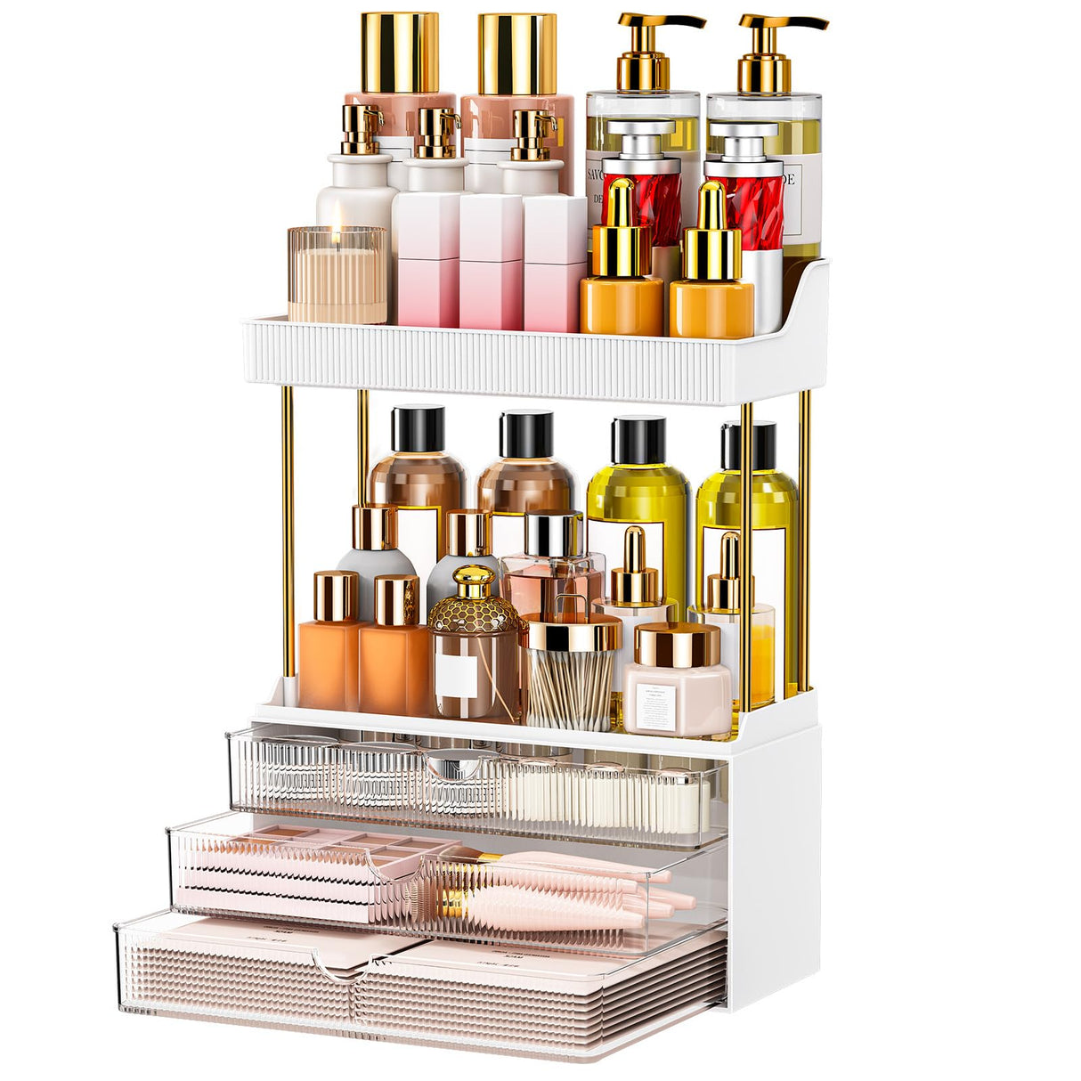 caktraie 5 Tiers Bathroom Counter Organizer - 3 Drawers Makeup Organizer, Cosmetic Storage Drawer for Dresser Countertop and Bathroom Vanity for Large Skincare, Perfume, Clear caktraie