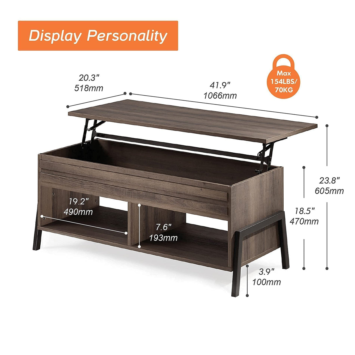 WAMPAT Modern Lift Top Coffee Table with Storage, Wood Living Room Tables with Lift Tabletop in Brown, Mid Century Table for Home Decor, Office, 42 inch WAMPAT