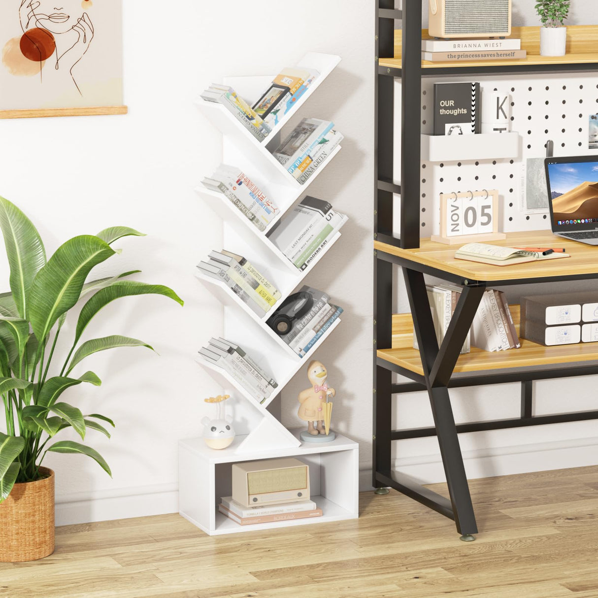 SHEEPAM 9 Tier Tree Bookshelf,Christmas Green Bookcase for Narrow Space, Storage Organizer Floor Standing Bookshelves for Books, Tall Book Case for Home Office, Living Room, Bedroom SHEEPAM