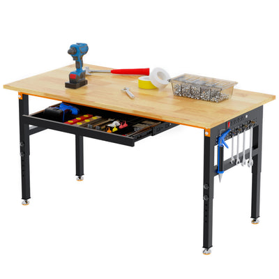 Betterhood 60" Adjustable Height Workbench, 2000 LBS Heavy Duty Work Table with Power Outlets & Pegboard, Rubber Wood Workstation for Garage, Workshop, Office, Home, Commercial