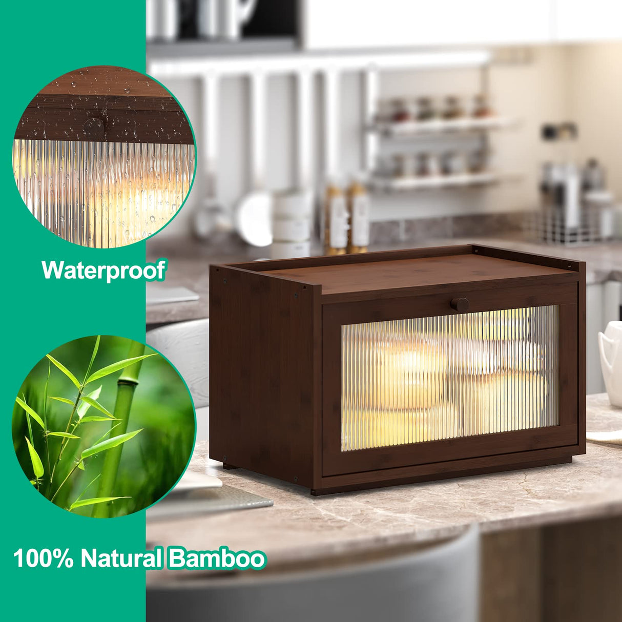 kiplant Large Bread Box for Kitchen Counter, Bamboo Bread Storage Container with Wavy Arcylic Transparent Door, Bamboo Wooden Farmhouse Bread Box for Your House (Brown) kiplant