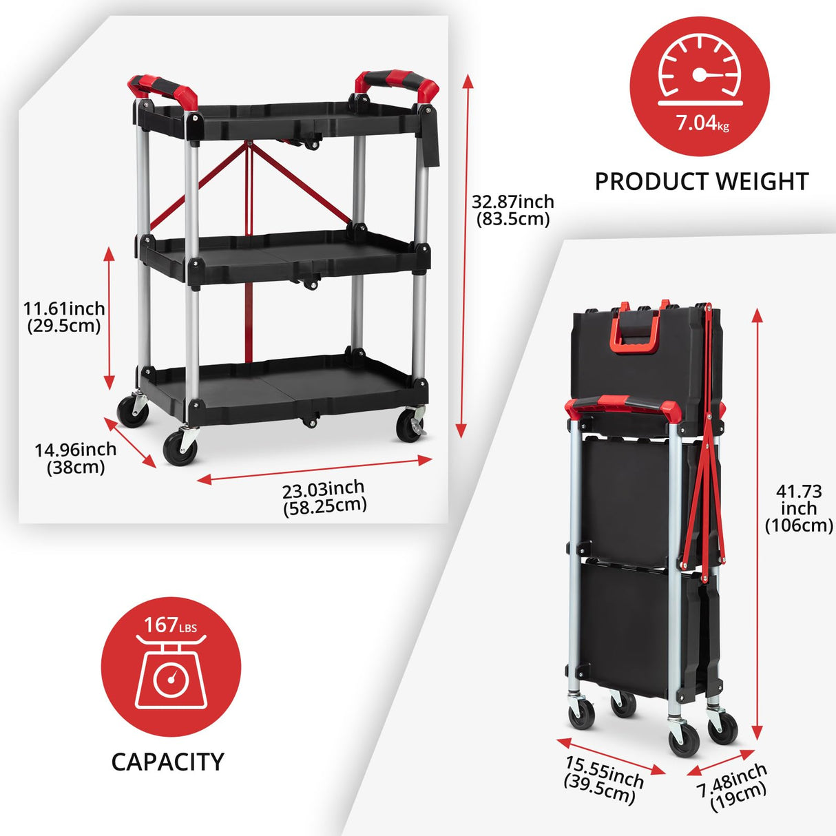Foldable Utility Service Cart, 3 Shelf 168LBS Heavy Duty Plastic Rolling Cart with 360° Swivel Wheels (2 with Brakes), Ergonomic Handle, Portable Garage Tool Cart for Warehouse Office Home, Black PioneerWorks