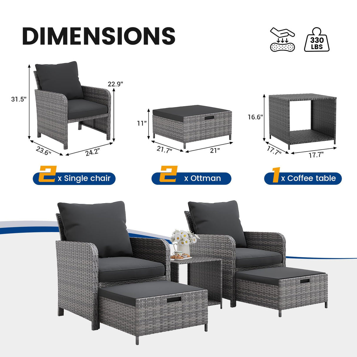 UDPATIO Wicker Patio Chairs with Ottoman Balcony Furniture 5 Pieces Patio Conversation Set with Pull Out Ottoman for Small Space UDPATIO