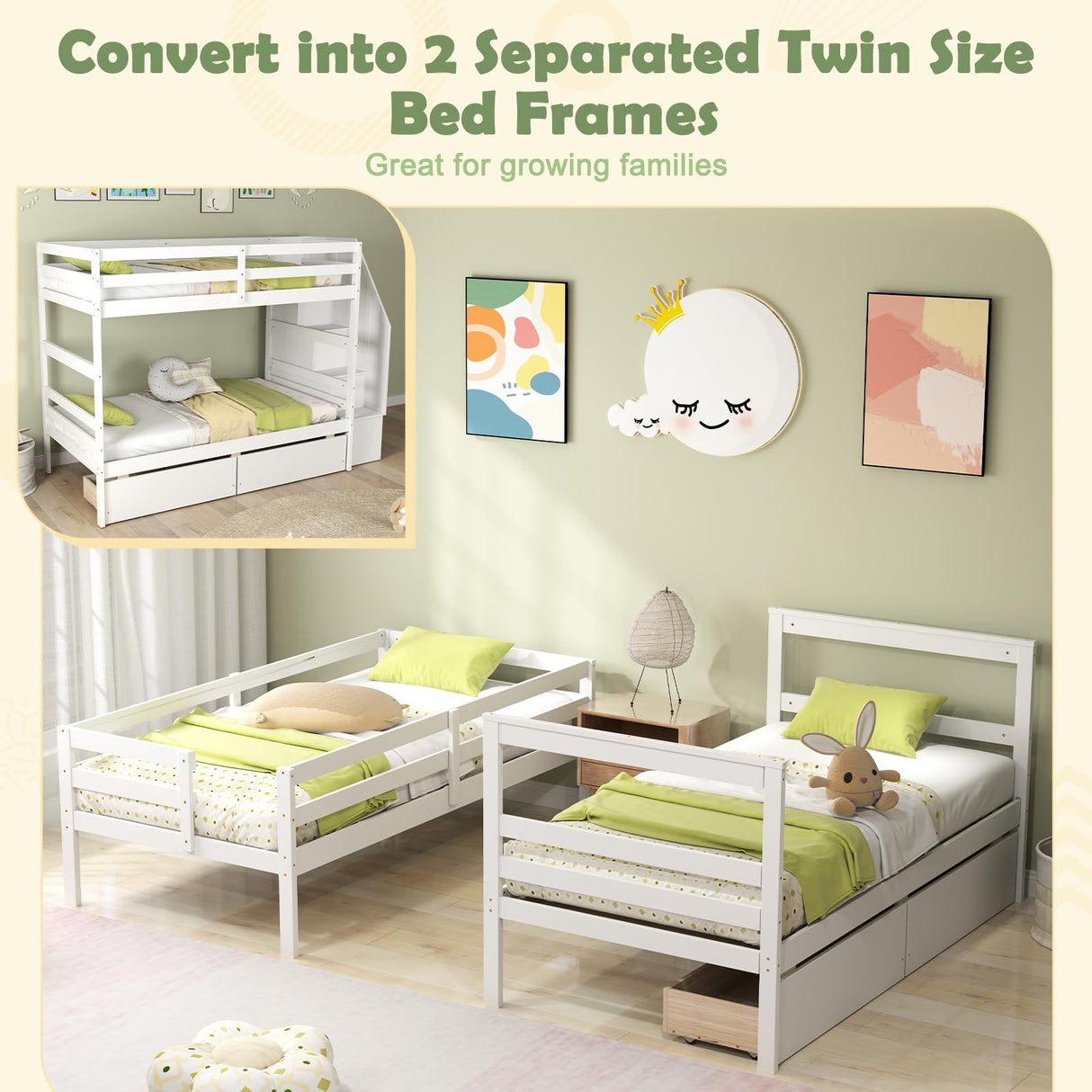 KOMFOTT Wood Twin Over Twin Bunk Bed with Storage Drawers & Stairs, Bunk Beds with Bookcase & Safety Guardrail, Solid Wood Slatted Bunk Bed for Kids Teens Adults, No Box Spring Needed (White) KOMFOTT