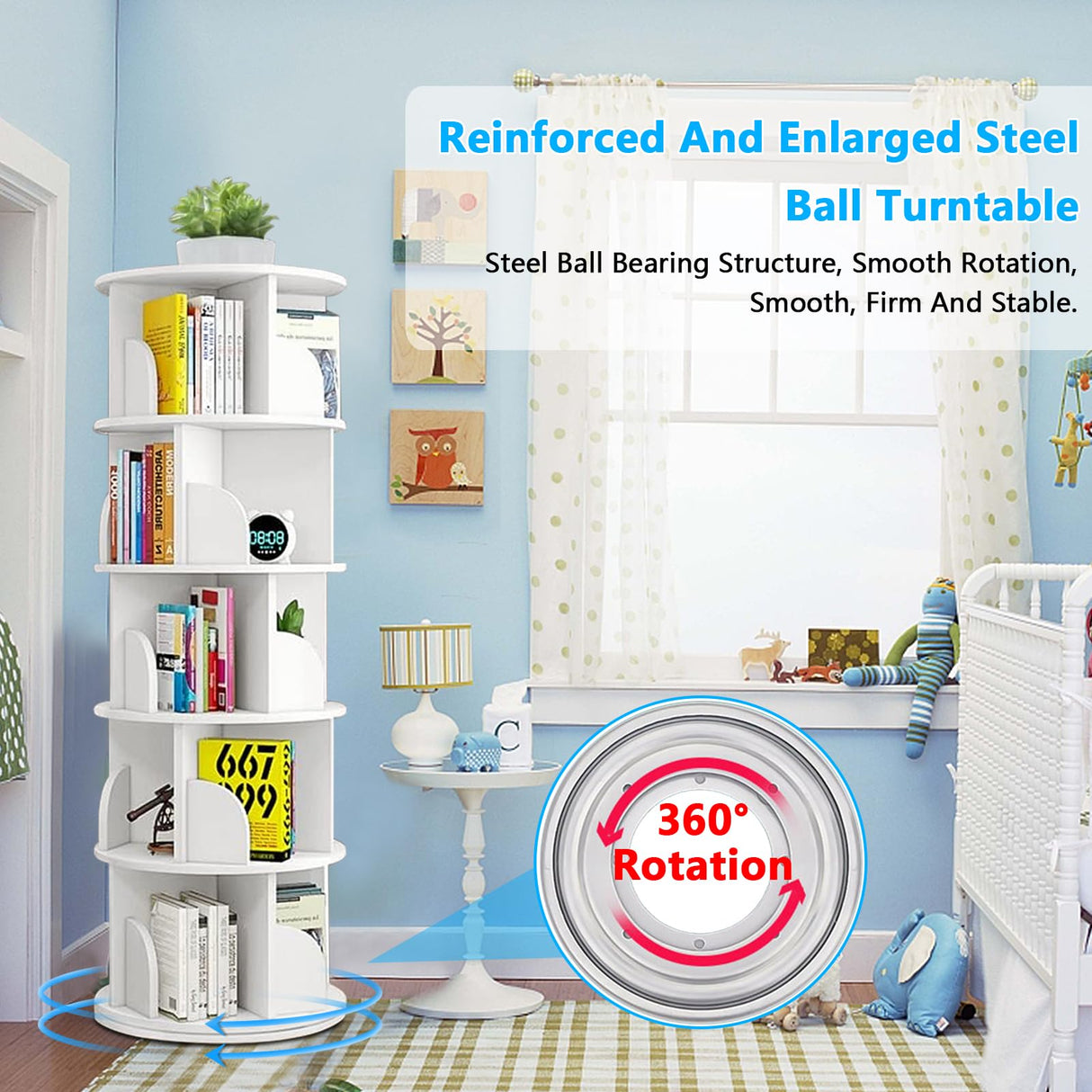 Rotating 5-Tier Bookshelf Tower for Small Spaces - 360° Display Bookcase Ideal for Kids and Adults LIGEAROW