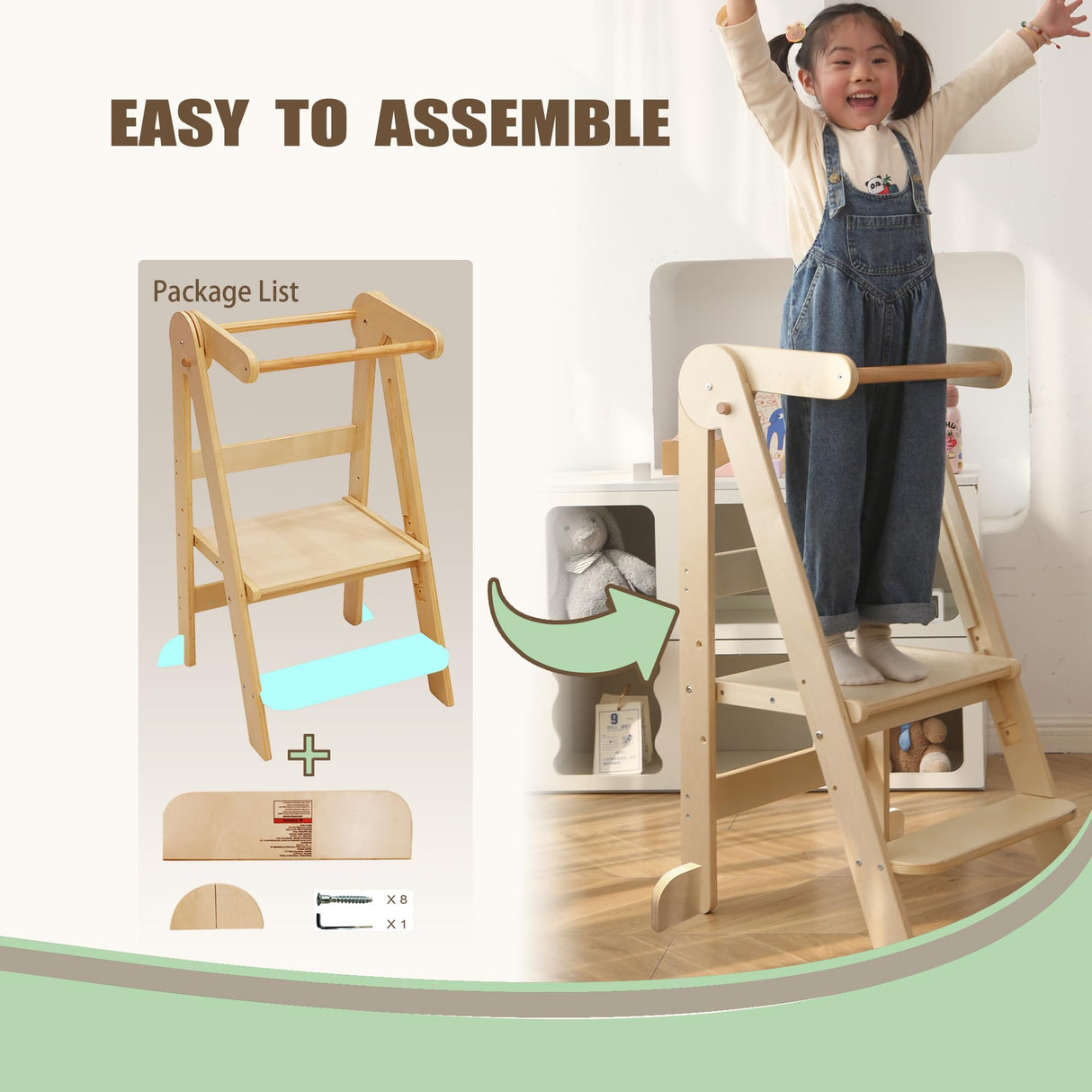 Foldable Toddler Tower 95% Preassembled Kitchen Stool Helper Folding Step Stool for Kids Montessori Toddler Standing Tower with 3 Adjustable Height Helper Tower for Kitchen Counter Sink Natural SHWWQUE