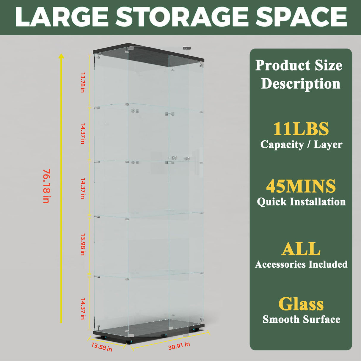 nifoti Glass Display Cabinet with LED Light Strip, 5 Shelves with 2 Doors, Curio Storage Cabinets with Lock & Caster for Living Room, Office, Floor Standing Glass Bookshelf, Quick Installation - Black nifoti