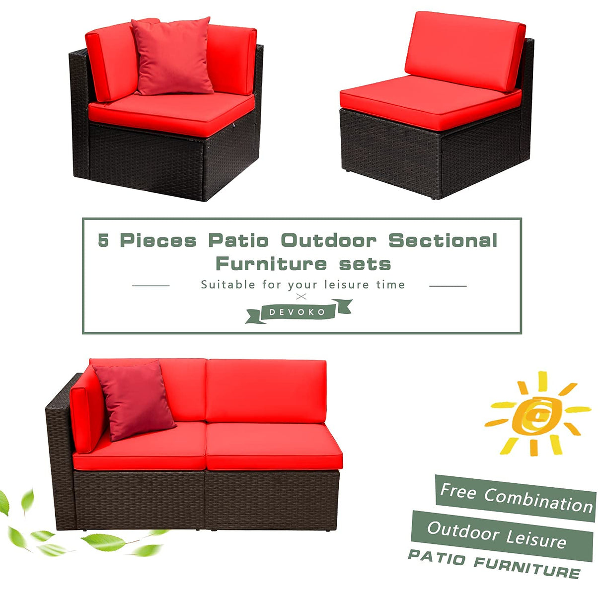 Devoko 2 Pieces Patio Furniture Sofa Sets Outdoor All-Weather Sectional Corner Sofa and Armless Sofa (Red) Devoko
