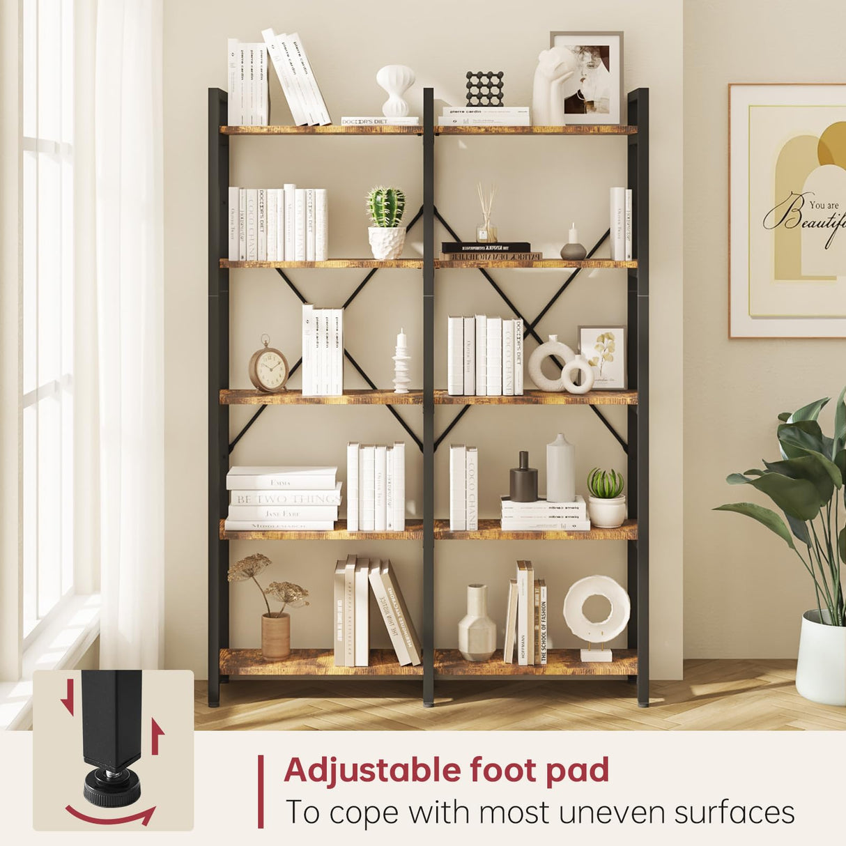 oneinmil Bookshelf 5 Tier, 58.7'' Industrial Book Shelf, Wooden Bookshelves with 10 Open Display Shelves, Vintage Storage Rack, Standing Wide Bookcase for Home and Office, Rustic Brown oneinmil